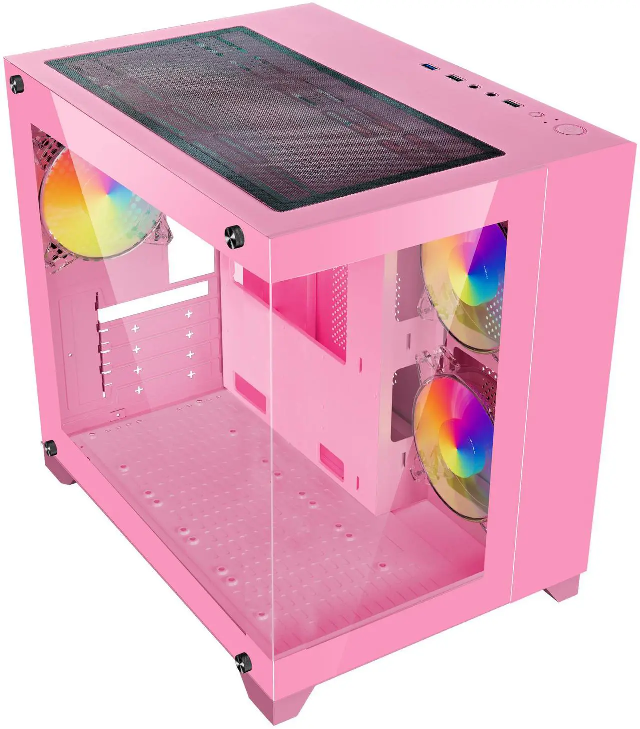 Alt view image 4 of 4 - DIYPC ARGB-Q1.V2-P Pink USB3.0 Tempered Glass Micro ATX Gaming Computer Case w/ Dual Tempered Glass Panel and 3 x ARGB 120mm Fans (Pre-Installed)