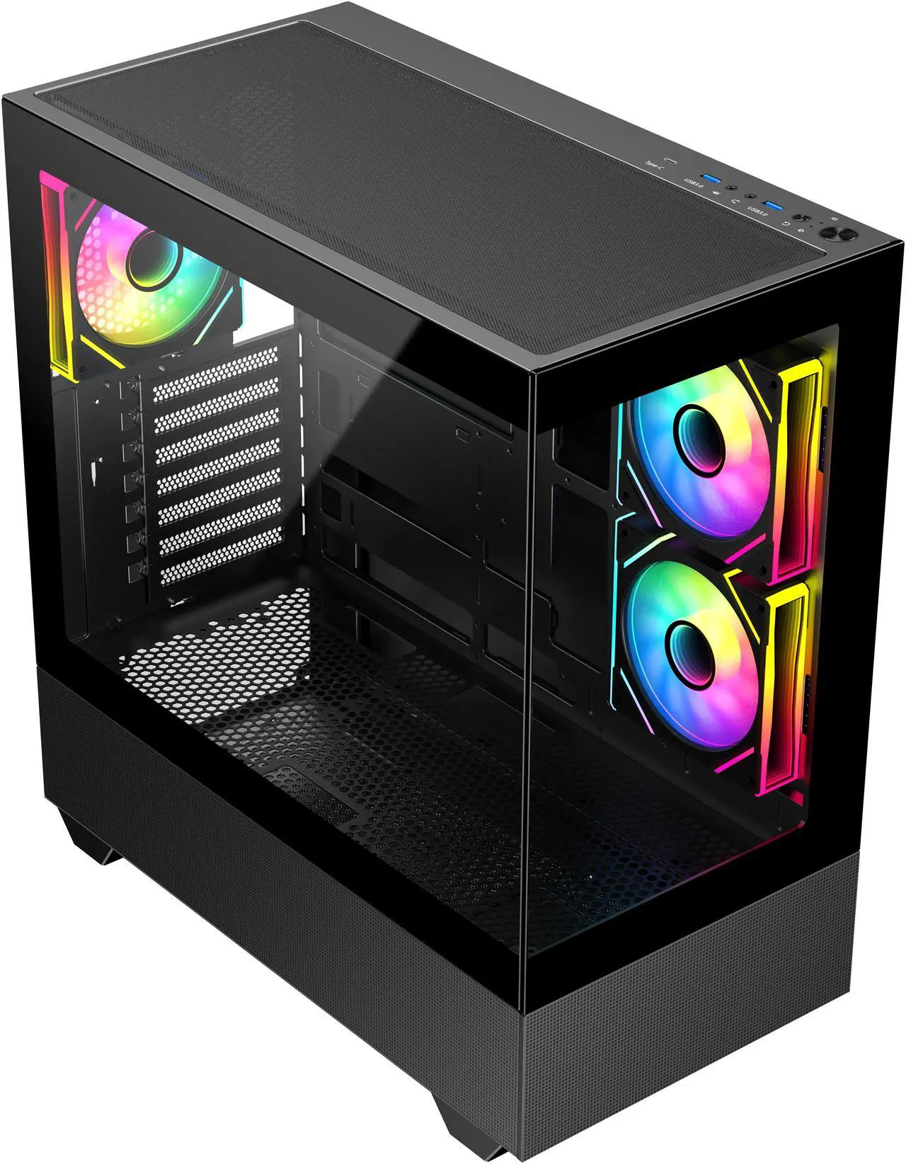 Alt view image 10 of 12 - DIYPC ARGB-N5-BK Black USB3.0 / Type C ATX Mid Tower Gaming Computer Case w/2 x Tempered Glass Side Panel and 3 x ARGB PWM Fans Pre-Installed, Support BTF Back Plug MB