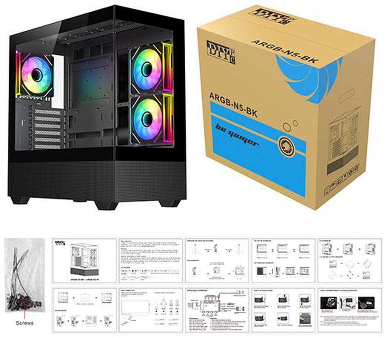 Alt view image 13 of 12 - DIYPC ARGB-N5-BK Black USB3.0 / Type C ATX Mid Tower Gaming Computer Case w/2 x Tempered Glass Side Panel and 3 x ARGB PWM Fans Pre-Installed, Support BTF Back Plug MB