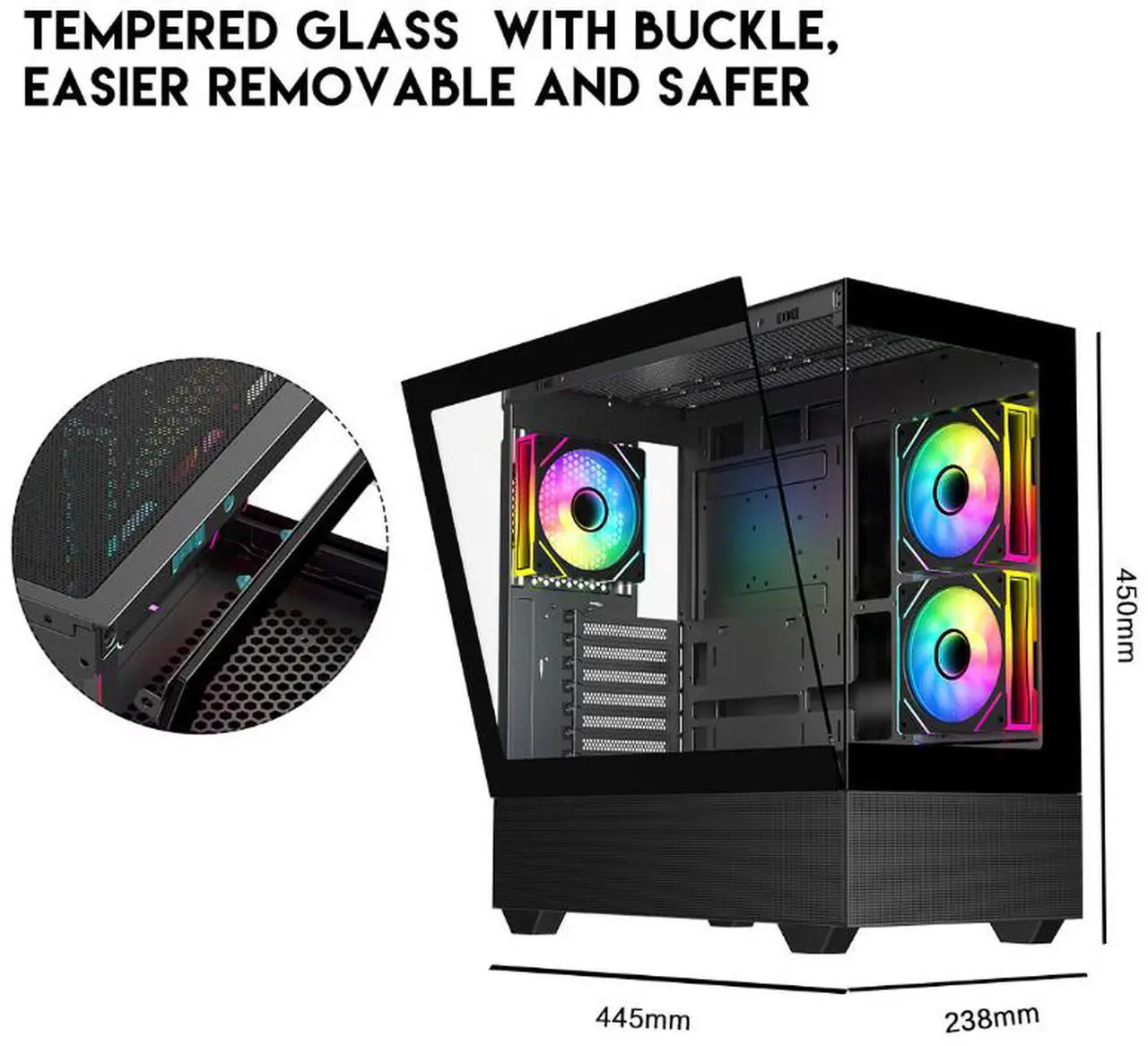 Alt view image 3 of 12 - DIYPC ARGB-N5-BK Black USB3.0 / Type C ATX Mid Tower Gaming Computer Case w/2 x Tempered Glass Side Panel and 3 x ARGB PWM Fans Pre-Installed, Support BTF Back Plug MB