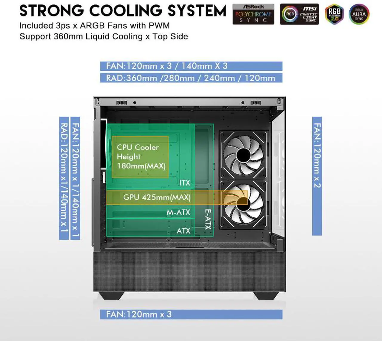 Alt view image 5 of 12 - DIYPC ARGB-N5-BK Black USB3.0 / Type C ATX Mid Tower Gaming Computer Case w/2 x Tempered Glass Side Panel and 3 x ARGB PWM Fans Pre-Installed, Support BTF Back Plug MB