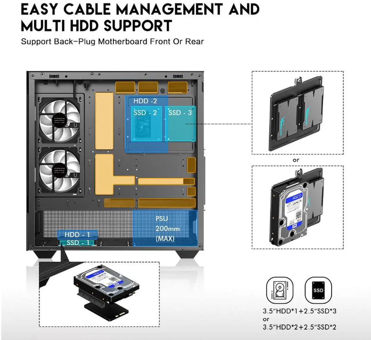 Alt view image 7 of 12 - DIYPC ARGB-N5-BK Black USB3.0 / Type C ATX Mid Tower Gaming Computer Case w/2 x Tempered Glass Side Panel and 3 x ARGB PWM Fans Pre-Installed, Support BTF Back Plug MB
