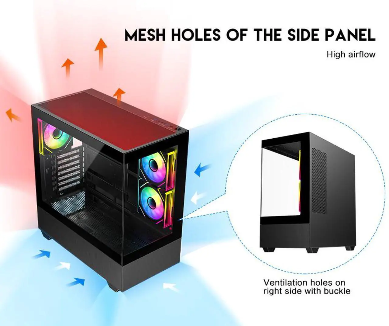 Alt view image 8 of 12 - DIYPC ARGB-N5-BK Black USB3.0 / Type C ATX Mid Tower Gaming Computer Case w/2 x Tempered Glass Side Panel and 3 x ARGB PWM Fans Pre-Installed, Support BTF Back Plug MB