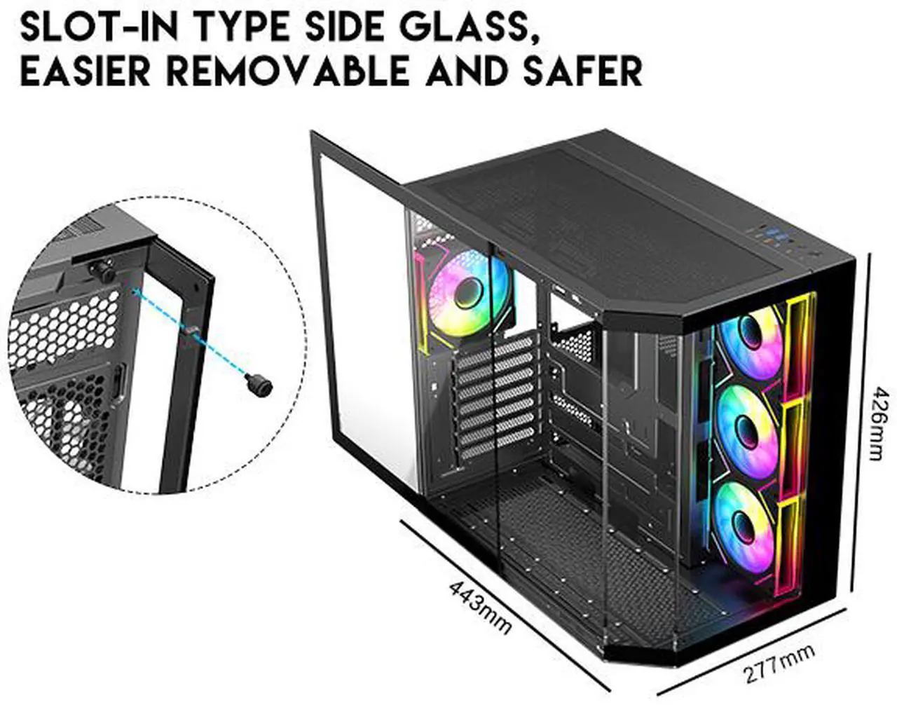 Alt view image 4 of 15 - DIYPC ARGB-N3-BK Black USB3.0/ Type C Tempered Glass E-ATX /ATX Gaming Computer Case w/ 3 x Tempered Glass Panel and 4 x ARGB PWM Fans (Pre-Installed). Support  BTF Back Plug MB