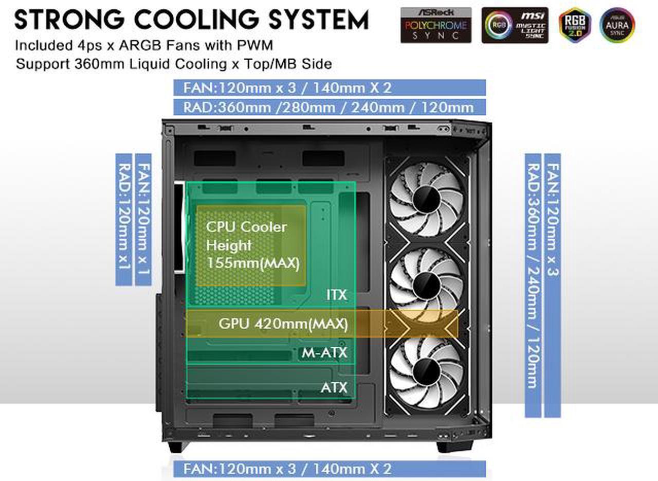 Alt view image 6 of 15 - DIYPC ARGB-N3-BK Black USB3.0/ Type C Tempered Glass E-ATX /ATX Gaming Computer Case w/ 3 x Tempered Glass Panel and 4 x ARGB PWM Fans (Pre-Installed). Support  BTF Back Plug MB