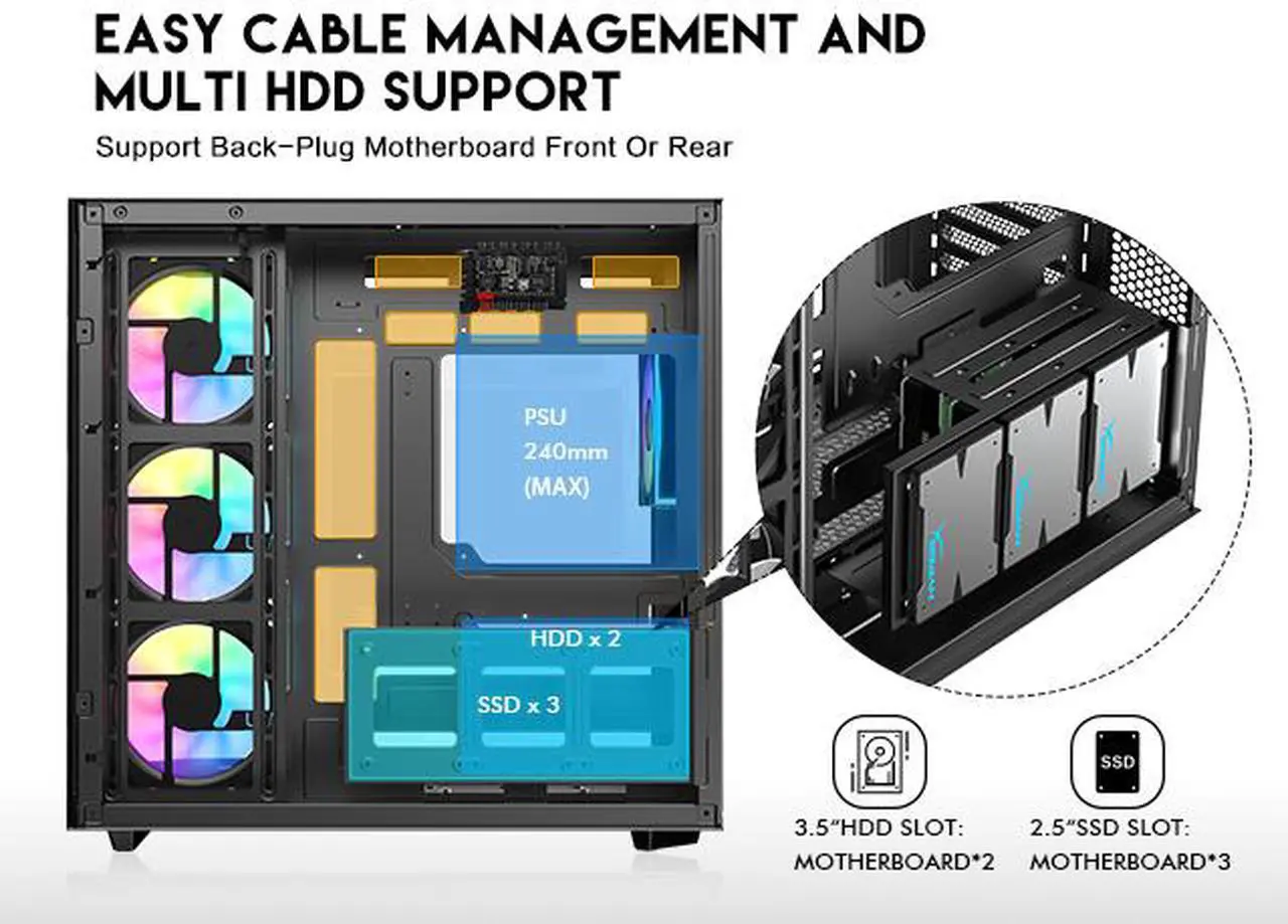 Alt view image 8 of 15 - DIYPC ARGB-N3-BK Black USB3.0/ Type C Tempered Glass E-ATX /ATX Gaming Computer Case w/ 3 x Tempered Glass Panel and 4 x ARGB PWM Fans (Pre-Installed). Support  BTF Back Plug MB
