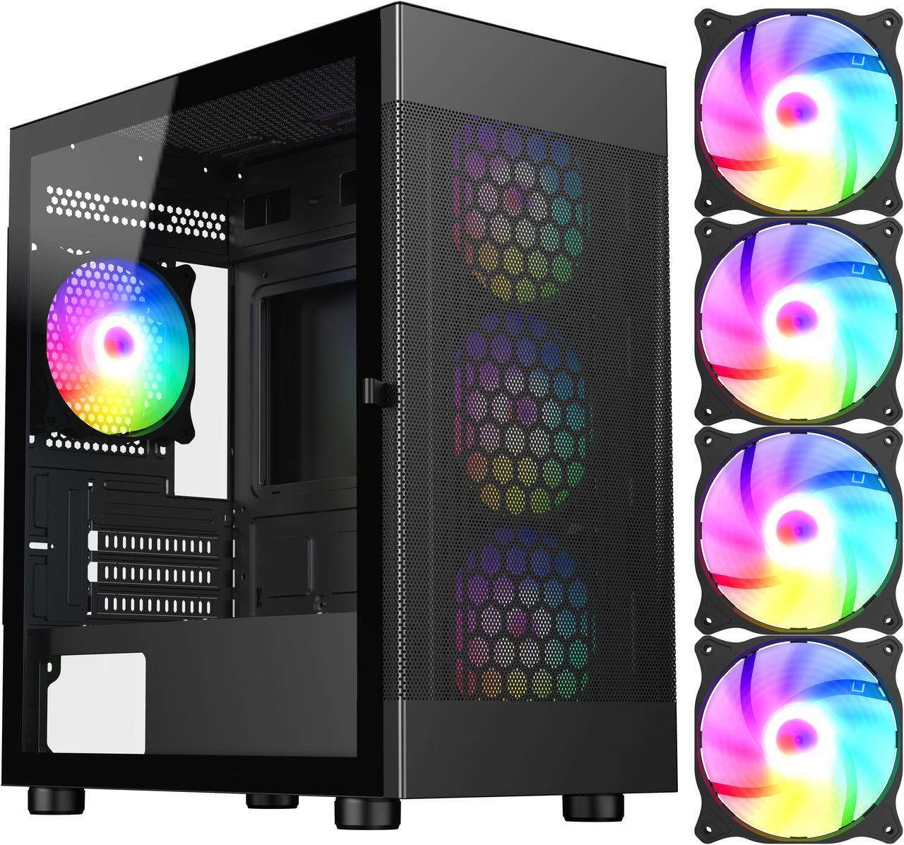 Main image of DIYPC ARGB-G5-BK Black USB3.0 Tempered Glass Micro ATX Gaming Computer Case w/ 4 x ARGB Fans (Pre-Installed), Support 360mm AIO