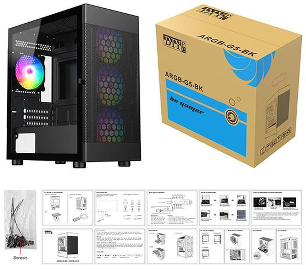 Alt view image 14 of 14 - DIYPC ARGB-G5-BK Black USB3.0 Tempered Glass Micro ATX Gaming Computer Case w/ 4 x ARGB Fans (Pre-Installed), Support 360mm AIO