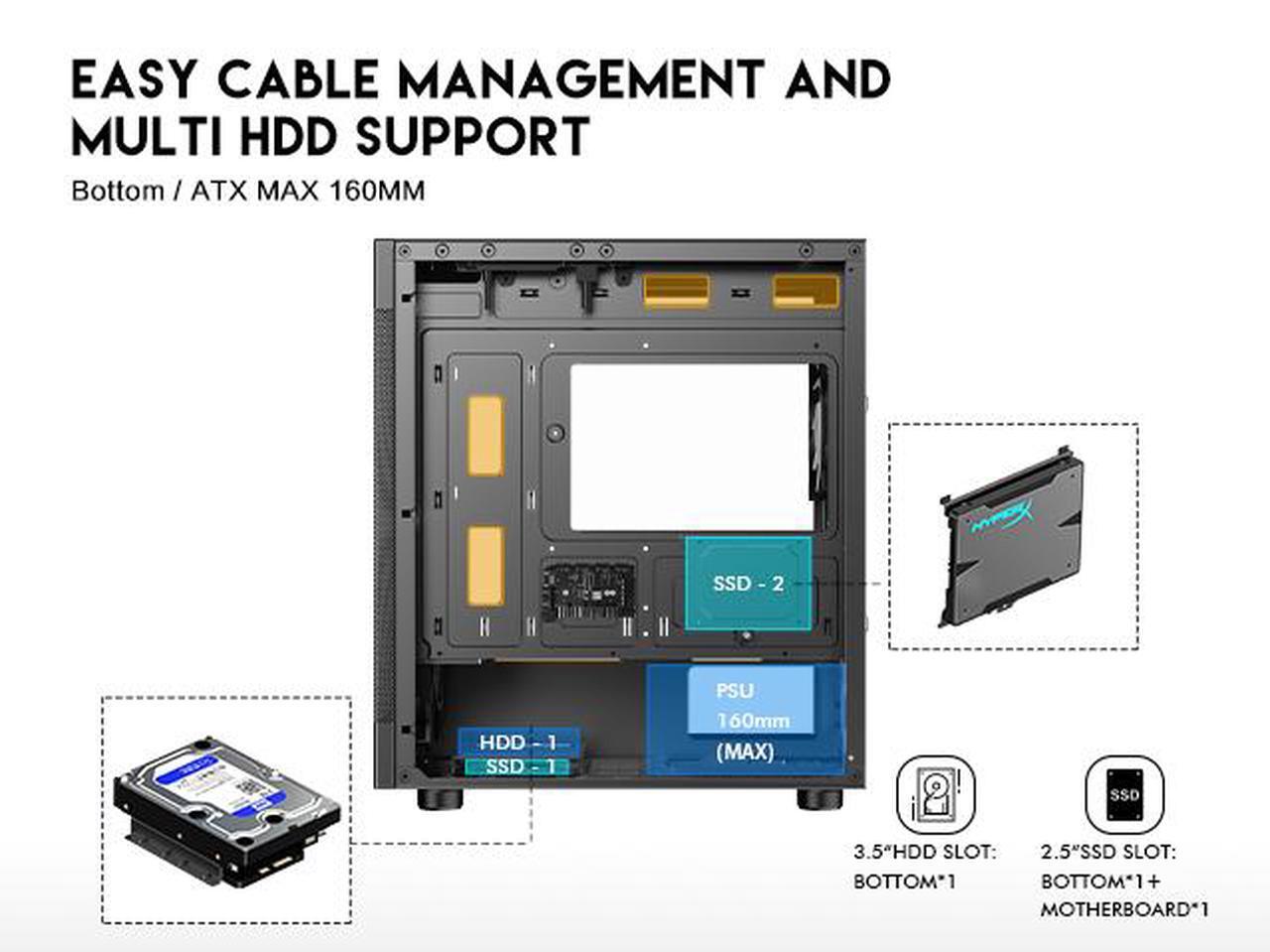 Alt view image 7 of 14 - DIYPC ARGB-G5-BK Black USB3.0 Tempered Glass Micro ATX Gaming Computer Case w/ 4 x ARGB Fans (Pre-Installed), Support 360mm AIO