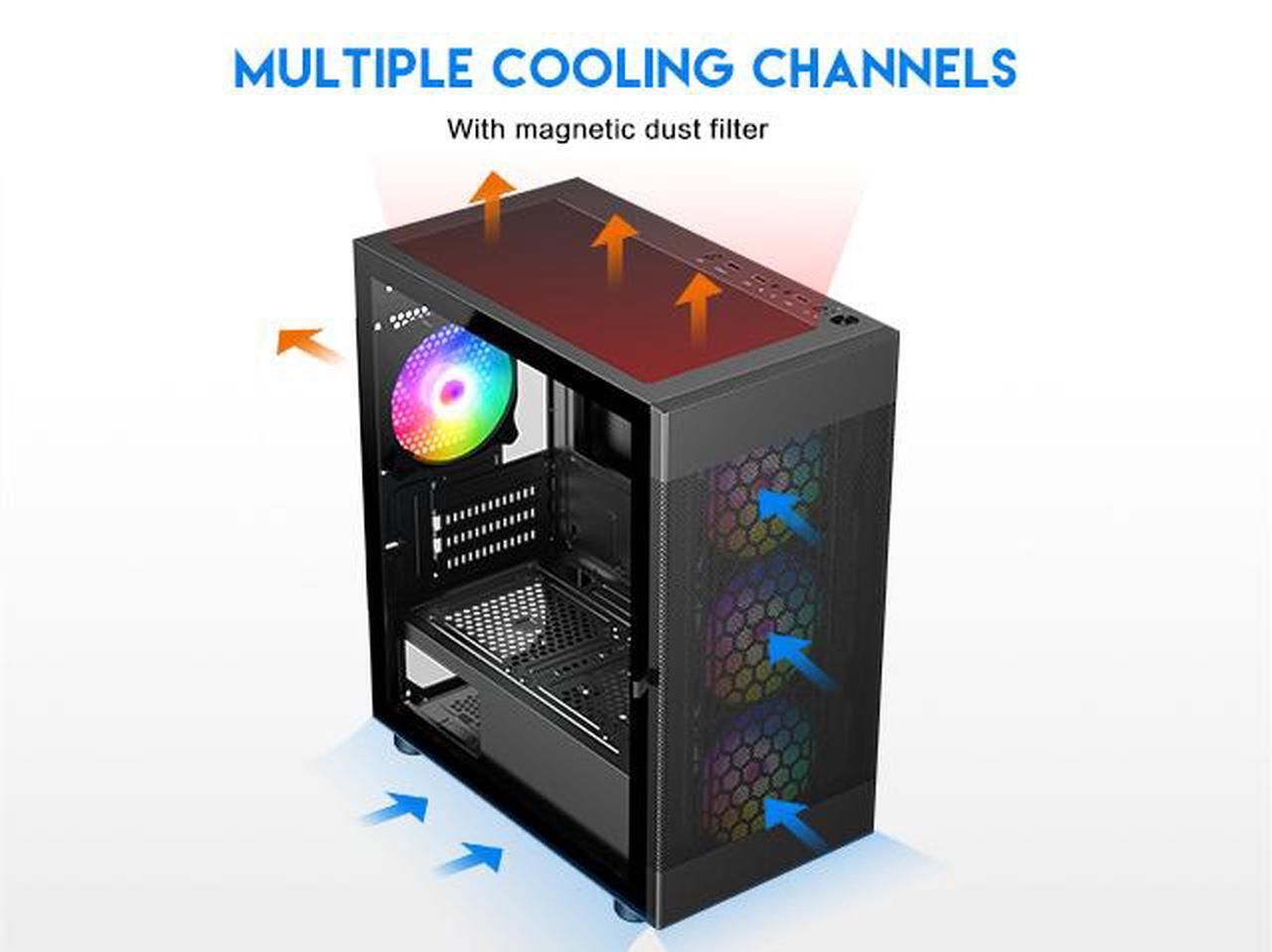 Alt view image 6 of 14 - DIYPC ARGB-G5-BK Black USB3.0 Tempered Glass Micro ATX Gaming Computer Case w/ 4 x ARGB Fans (Pre-Installed), Support 360mm AIO