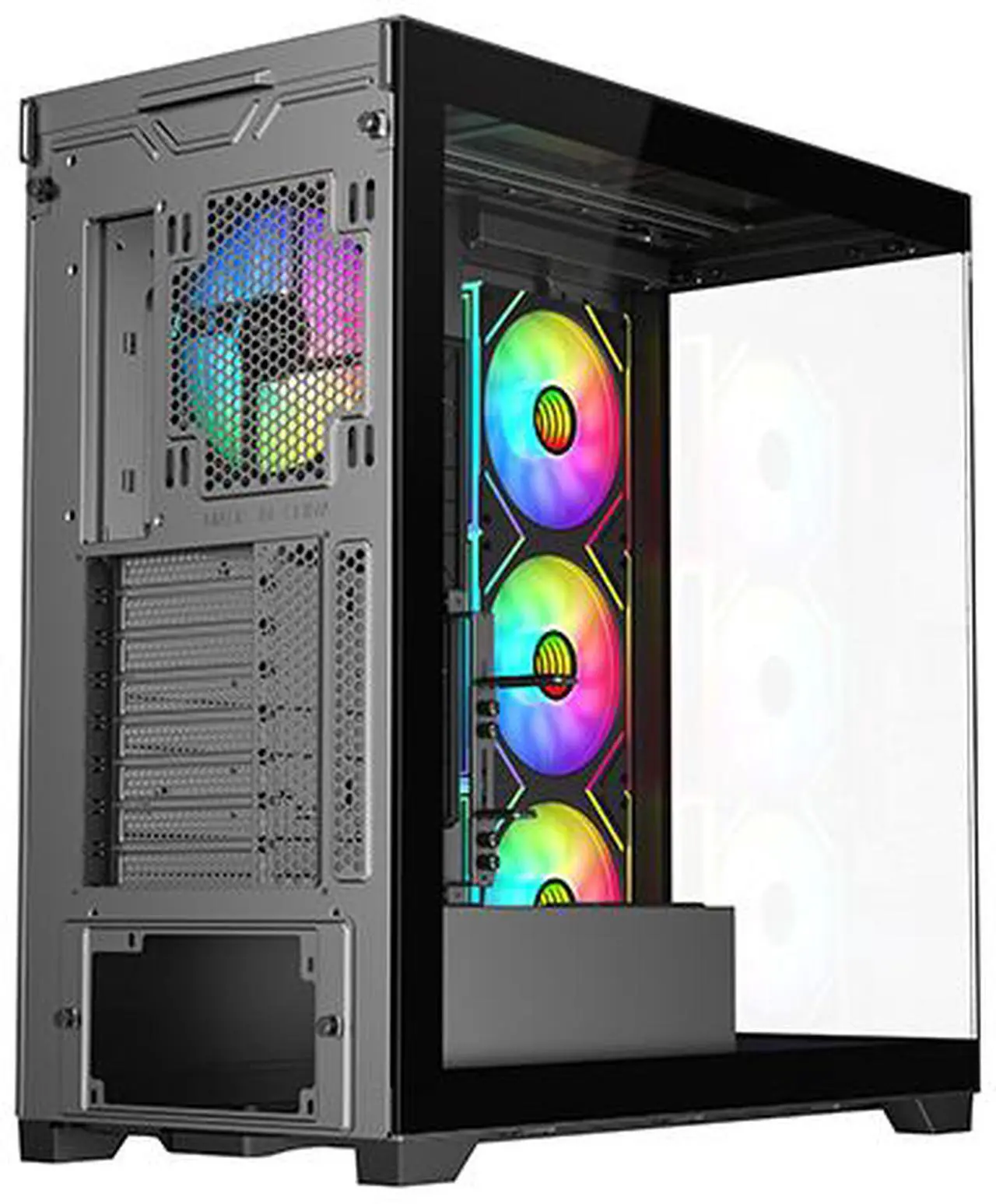 Alt view image 12 of 15 - DIYPC  Vanguard-F2-BK -Black Dual USB3.0 and Type C Tempered Glass ATX Full Tower Gaming Computer Case w/ 4 x 140mm ARGB PWM Fans (3 x MB Side, 1 x Rear) Pre-Installed. Support BTF Back Plug MB.