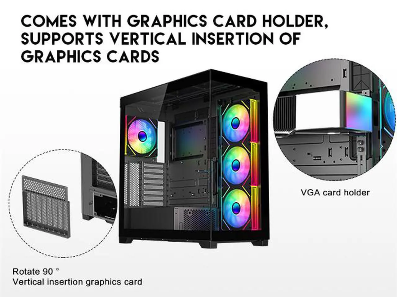 Alt view image 3 of 15 - DIYPC  Vanguard-F2-BK -Black Dual USB3.0 and Type C Tempered Glass ATX Full Tower Gaming Computer Case w/ 4 x 140mm ARGB PWM Fans (3 x MB Side, 1 x Rear) Pre-Installed. Support BTF Back Plug MB.