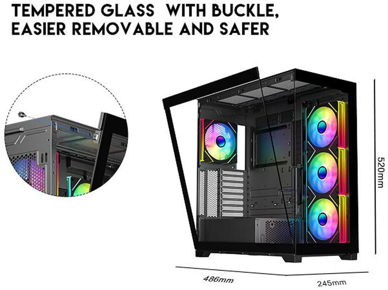 Alt view image 2 of 15 - DIYPC  Vanguard-F2-BK -Black Dual USB3.0 and Type C Tempered Glass ATX Full Tower Gaming Computer Case w/ 4 x 140mm ARGB PWM Fans (3 x MB Side, 1 x Rear) Pre-Installed. Support BTF Back Plug MB.