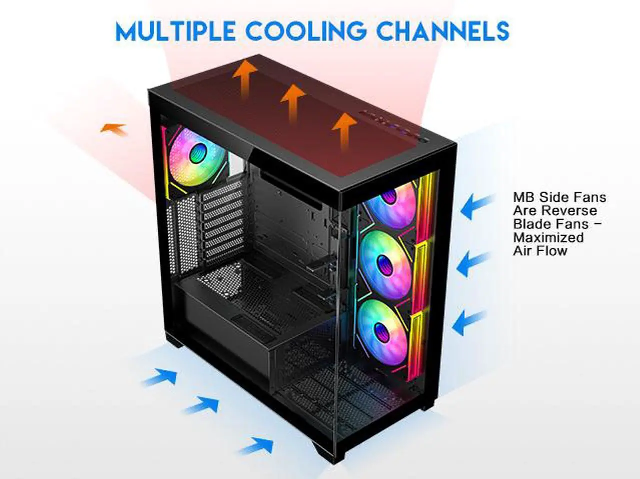 Alt view image 6 of 15 - DIYPC  Vanguard-F2-BK -Black Dual USB3.0 and Type C Tempered Glass ATX Full Tower Gaming Computer Case w/ 4 x 140mm ARGB PWM Fans (3 x MB Side, 1 x Rear) Pre-Installed. Support BTF Back Plug MB.