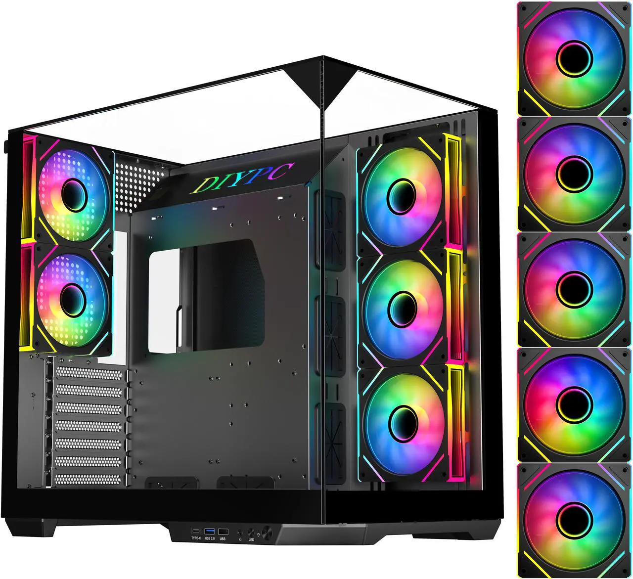 DIYPC ARGB-DC800-BK Black USB3.0 and Type C Tempered Glass ATX Mid Tower Dual Chamber Gaming Computer Case w/ 5 x ARGB PWM Fans (3 x MB Side, 2 x Rear) Pre-Installed. Support BTF Back Plug MB
