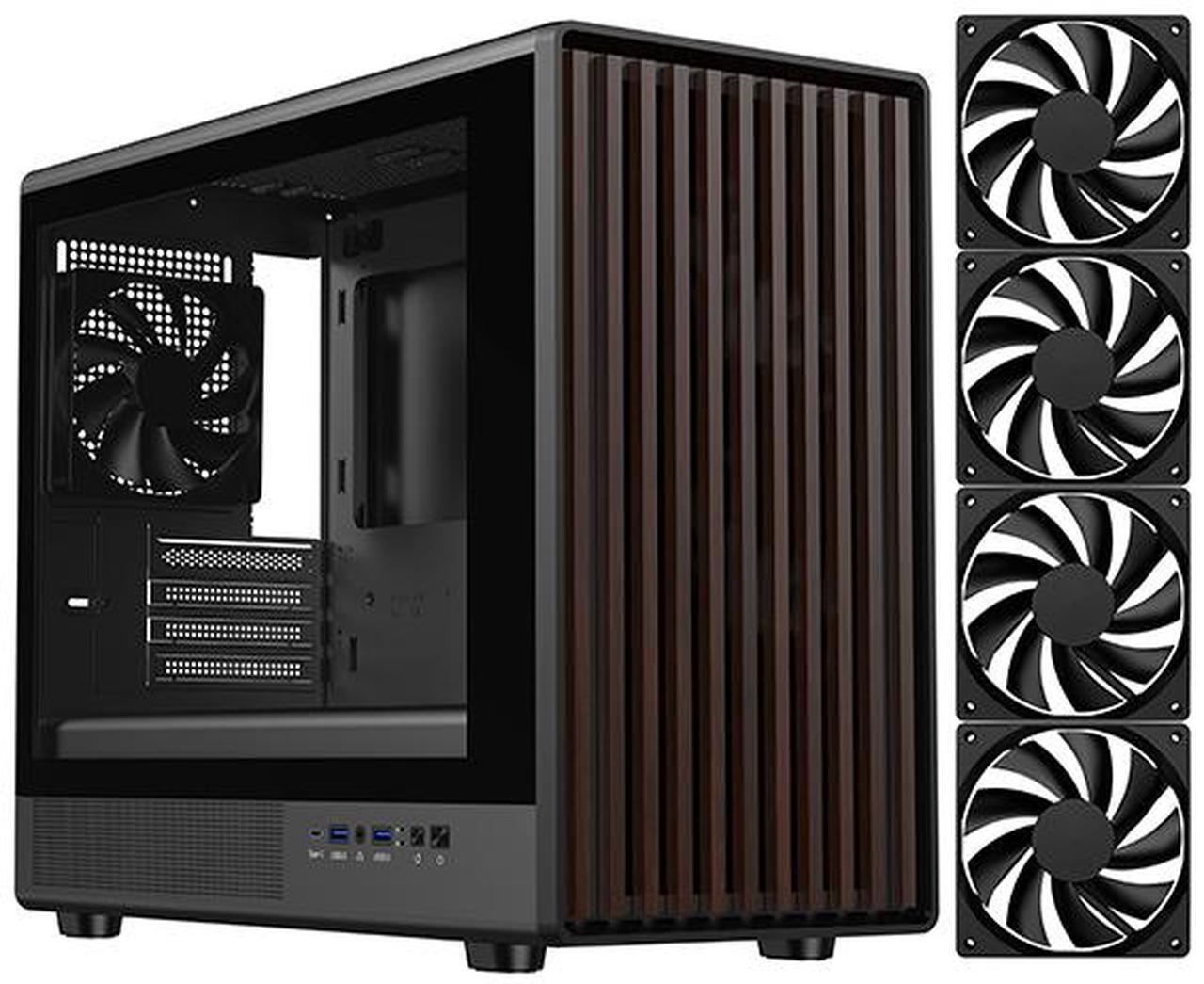 Alt view image 2 of 15 - DIYPC DIY-mATX06-Wood Black USB3.0 /Type C Micro ATX Mid Tower Gaming Computer Case w/ Tempered Glass Side Panel and Walnut Wood Front Panel / 4 x PWM Fans Pre-Installed