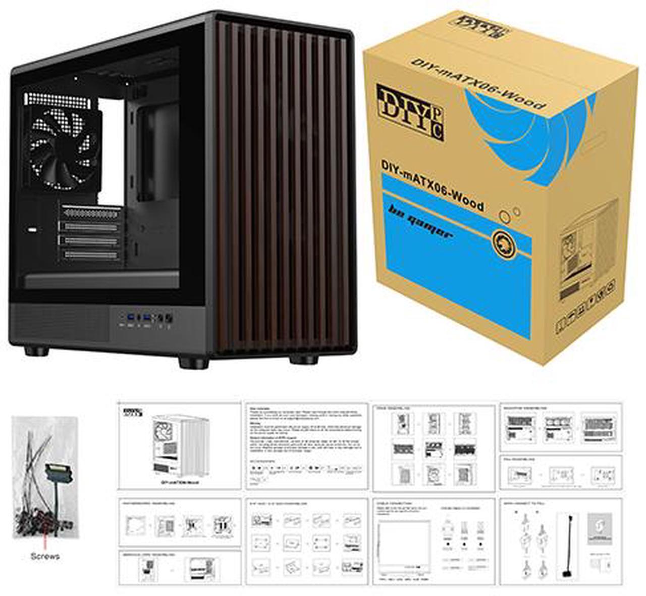 Alt view image 15 of 15 - DIYPC DIY-mATX06-Wood Black USB3.0 /Type C Micro ATX Mid Tower Gaming Computer Case w/ Tempered Glass Side Panel and Walnut Wood Front Panel / 4 x PWM Fans Pre-Installed