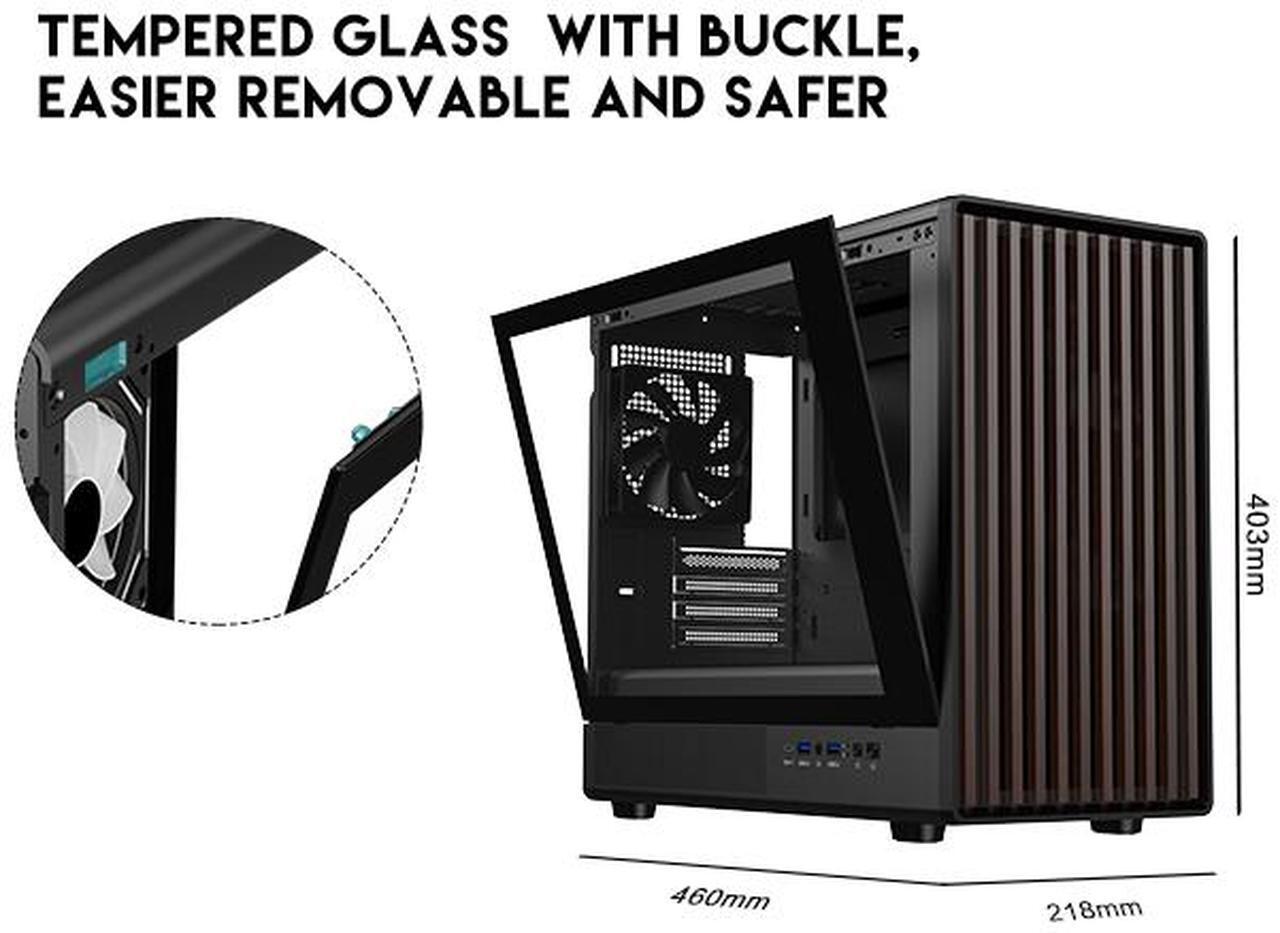 Alt view image 5 of 15 - DIYPC DIY-mATX06-Wood Black USB3.0 /Type C Micro ATX Mid Tower Gaming Computer Case w/ Tempered Glass Side Panel and Walnut Wood Front Panel / 4 x PWM Fans Pre-Installed