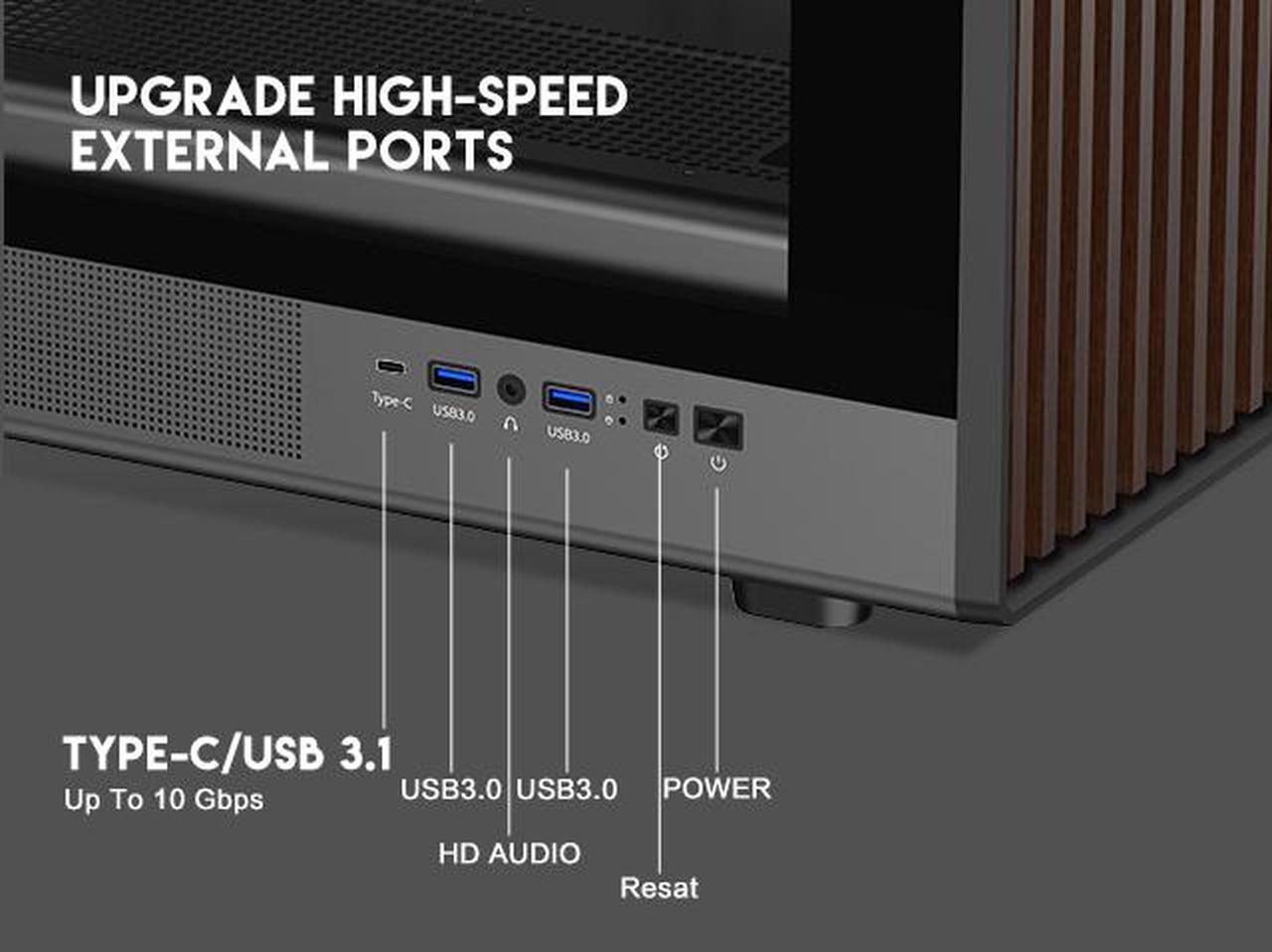 Alt view image 6 of 15 - DIYPC DIY-mATX06-Wood Black USB3.0 /Type C Micro ATX Mid Tower Gaming Computer Case w/ Tempered Glass Side Panel and Walnut Wood Front Panel / 4 x PWM Fans Pre-Installed