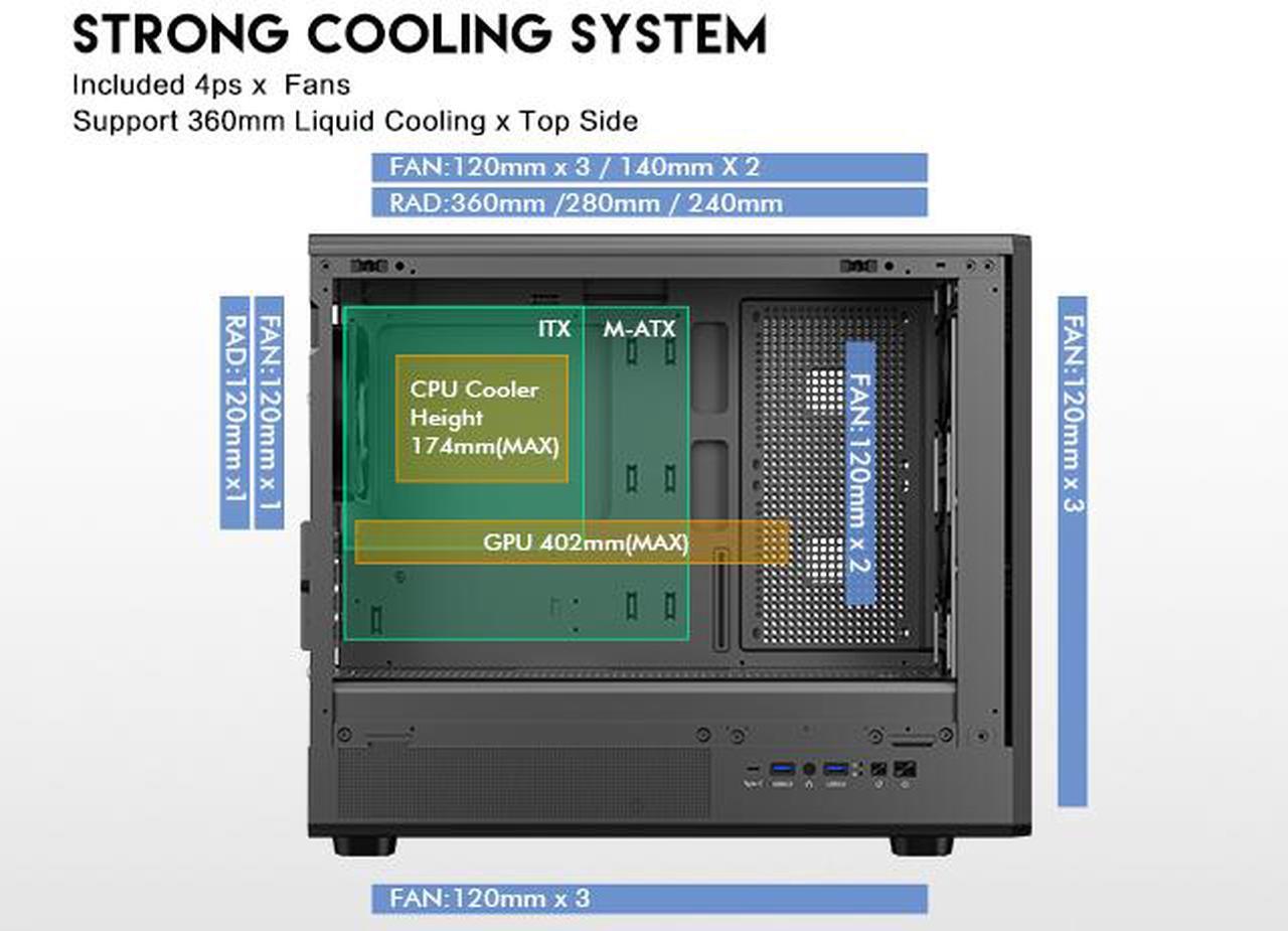 Alt view image 7 of 15 - DIYPC DIY-mATX06-Wood Black USB3.0 /Type C Micro ATX Mid Tower Gaming Computer Case w/ Tempered Glass Side Panel and Walnut Wood Front Panel / 4 x PWM Fans Pre-Installed