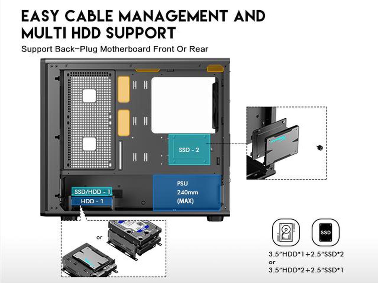 Alt view image 8 of 15 - DIYPC DIY-mATX06-Wood Black USB3.0 /Type C Micro ATX Mid Tower Gaming Computer Case w/ Tempered Glass Side Panel and Walnut Wood Front Panel / 4 x PWM Fans Pre-Installed