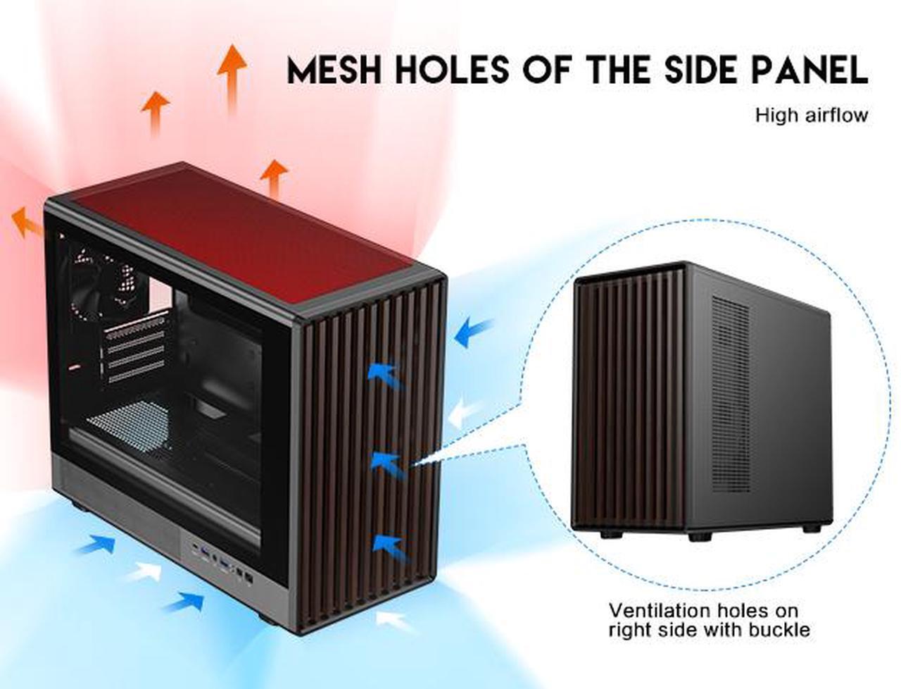 Alt view image 9 of 15 - DIYPC DIY-mATX06-Wood Black USB3.0 /Type C Micro ATX Mid Tower Gaming Computer Case w/ Tempered Glass Side Panel and Walnut Wood Front Panel / 4 x PWM Fans Pre-Installed