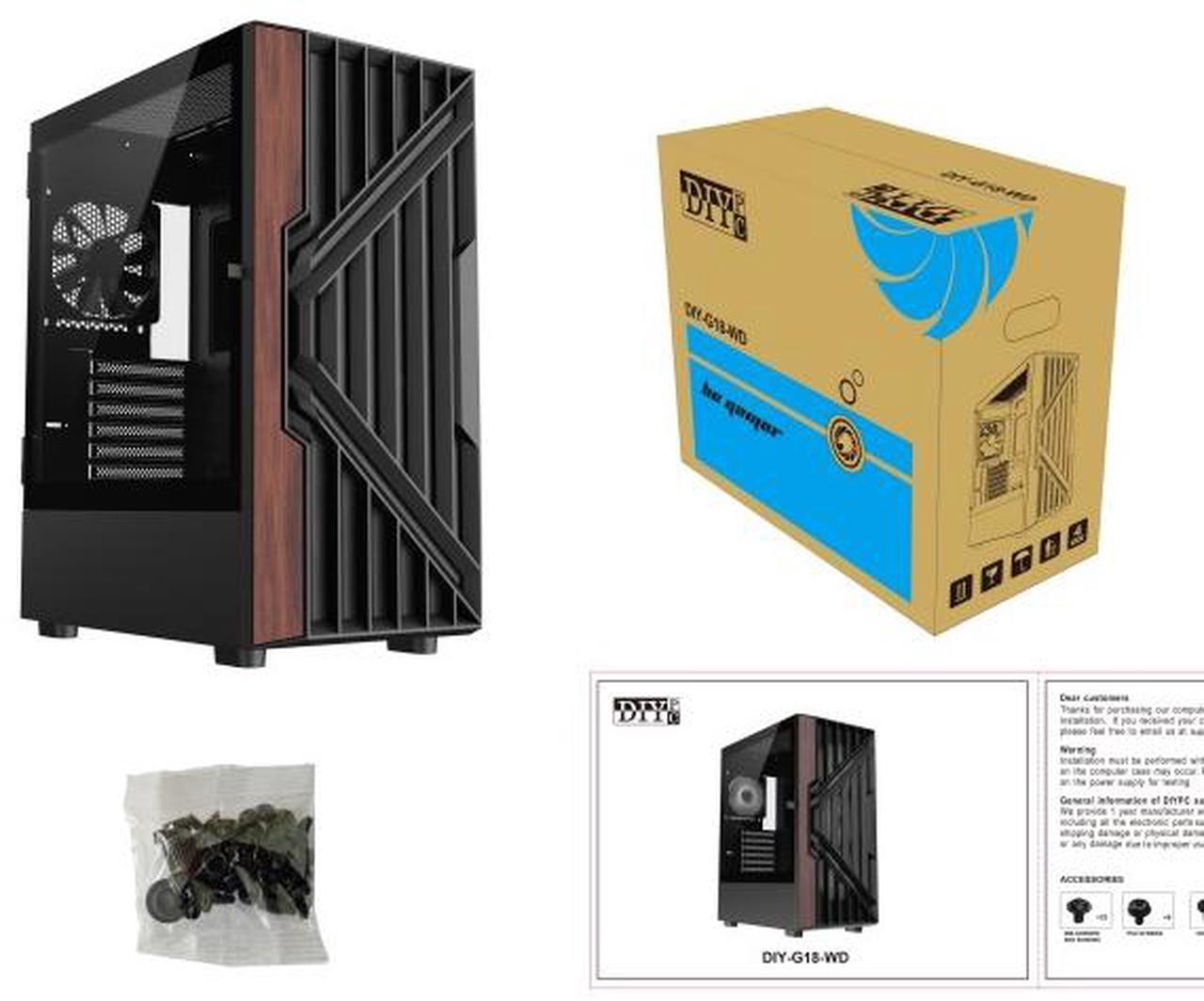 Alt view image 9 of 9 - DIYPC DIY-G18-WD Black USB3.0 /Type C ATX Mid Tower Gaming Computer Case w/ Tempered Glass Side Panel and Walnut Wood Front Panel. 4 x 120mm PWM Fan Pre-Installed