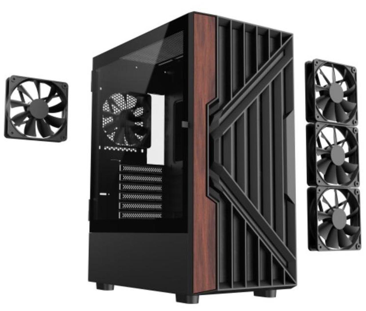 Alt view image 2 of 9 - DIYPC DIY-G18-WD Black USB3.0 /Type C ATX Mid Tower Gaming Computer Case w/ Tempered Glass Side Panel and Walnut Wood Front Panel. 4 x 120mm PWM Fan Pre-Installed