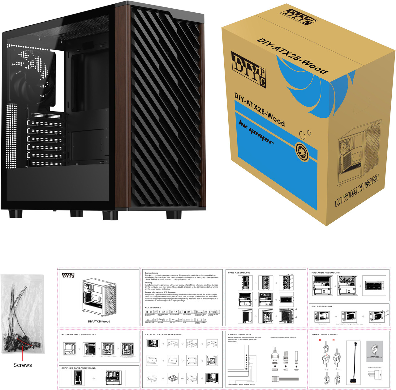 Open Box: DIYPC DIY-ATX28-Wood Black USB3.0 /Type C ATX Mid Tower Gaming Computer Case w/ Tempered Glass Side Panel and Walnut Wood Front Panel - Newegg.com - Open Box condition - Image 32