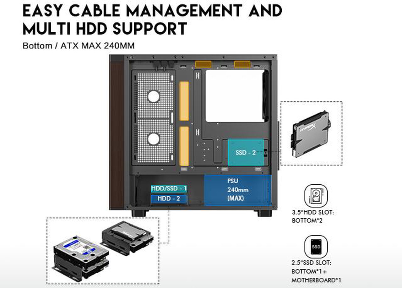 Open Box: DIYPC DIY-ATX28-Wood Black USB3.0 /Type C ATX Mid Tower Gaming Computer Case w/ Tempered Glass Side Panel and Walnut Wood Front Panel - Newegg.com - Open Box condition - Image 22