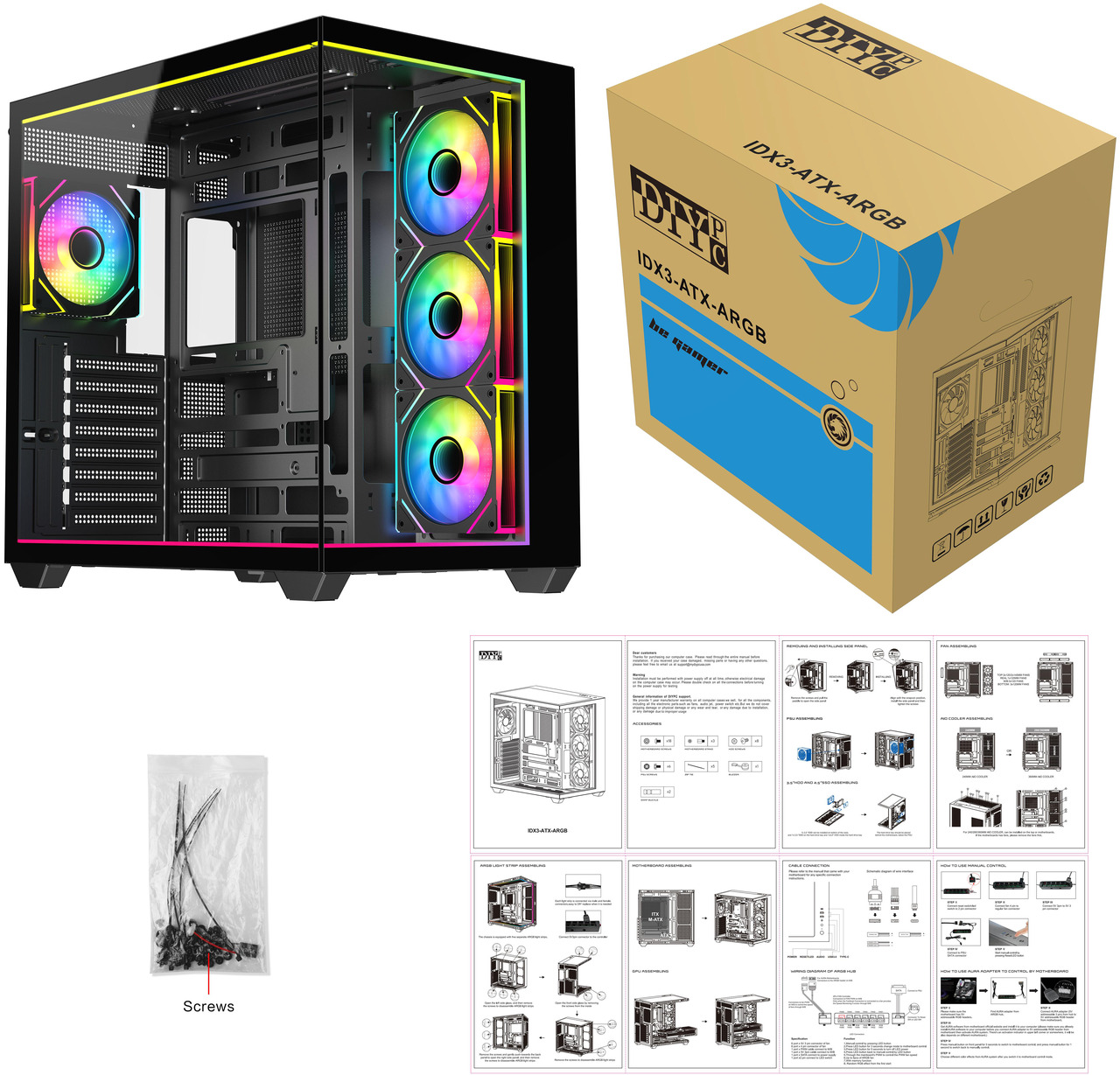 Open Box: DIYPC IDX3-ATX-ARGB Black Dual USB3.0/ Type C Tempered Glass ATX Gaming Computer Case w/ Dual Tempered Glass Panel and 4 x ARGB PWM Fans (Pre-Installed). Integrated ARGB Light Strip. - Newegg.com - Open Box condition - Image 28