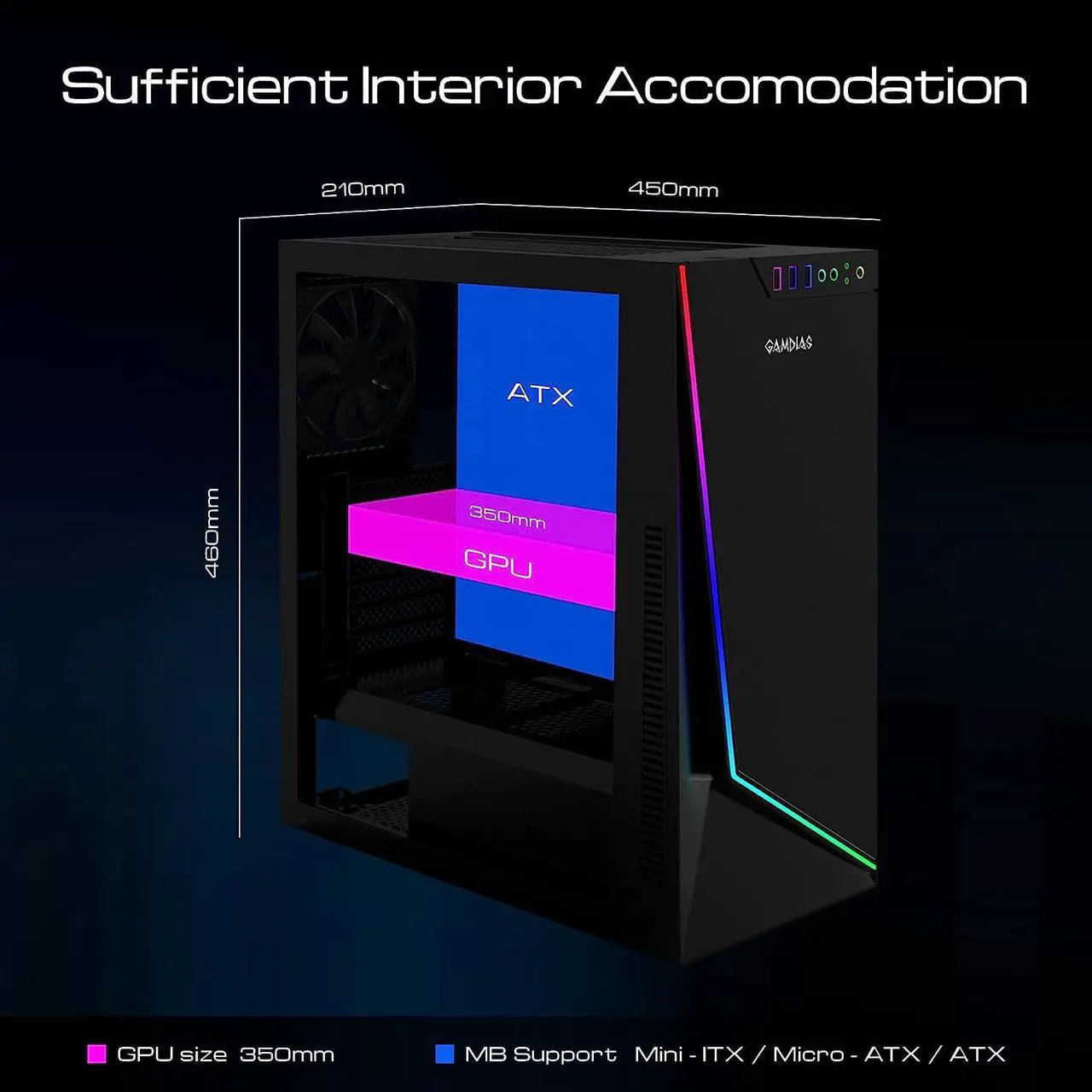 Alt view image 4 of 7 - Gamdias ARGUS M1 Black Steel / Plastic / Tempered Glass ATX Mid Tower Computer Case