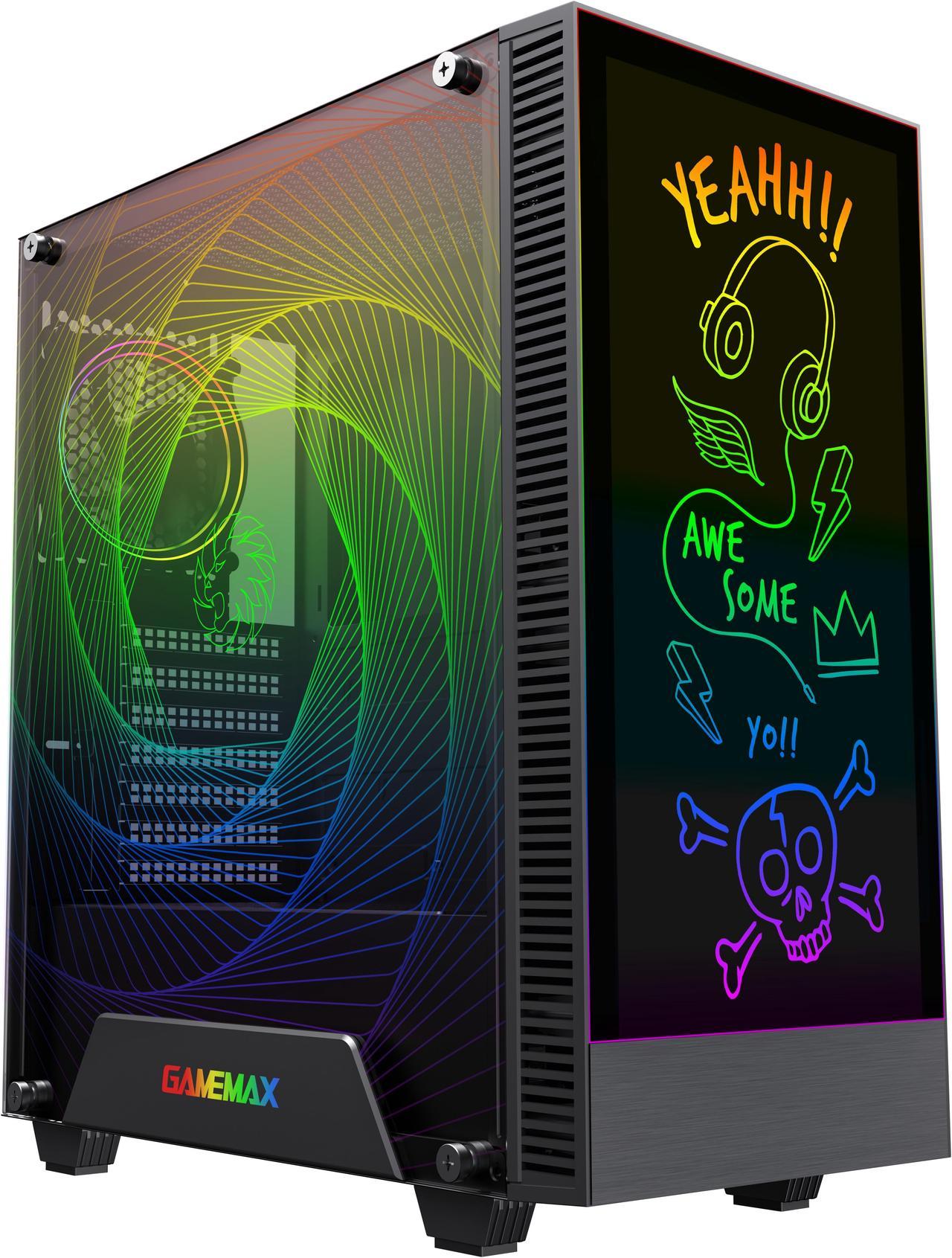 Gamemax Kreator Black USB3.0 Tempered Glass ATX Mid Tower Gaming Computer Case w/ Drawable ARGB GIF on Front Panel and 1 x ARGB Fan x Rear (Pre-Installed)