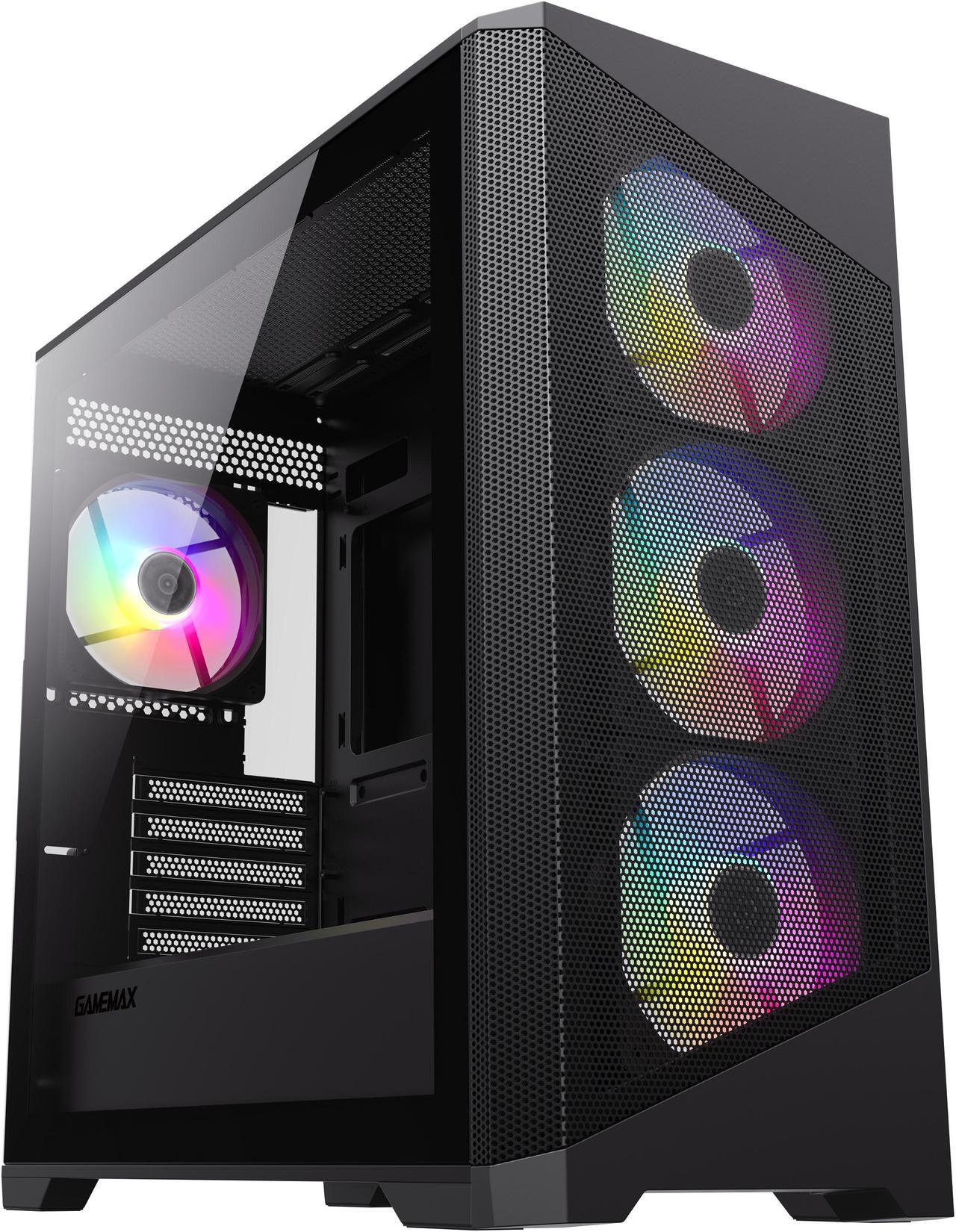 Gamemax Destroyer MB Black USB3.0 Tempered Glass Micro ATX Tower Gaming Computer Case w/Tempered Glass Panel and 4 x 120mm Autoflow Rainbow LED Fans (Pre-Installed)