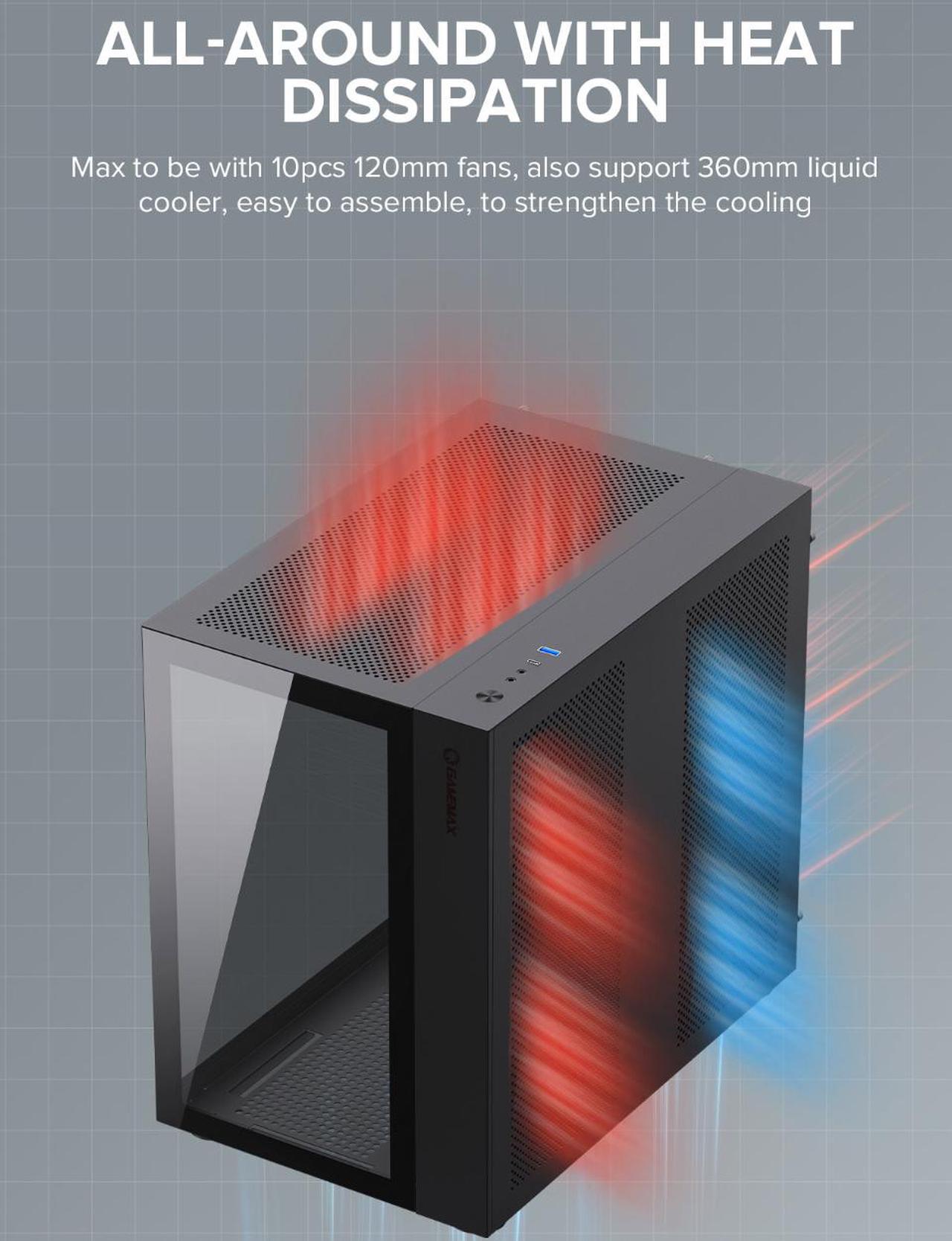 Alt view image 5 of 14 - Gamemax Infinity BK Black USB3.0 /Type C Tempered Glass ATX Mid Tower Gaming Computer Case w/ Dual Tempered Glass Panels (Fans Not Included)