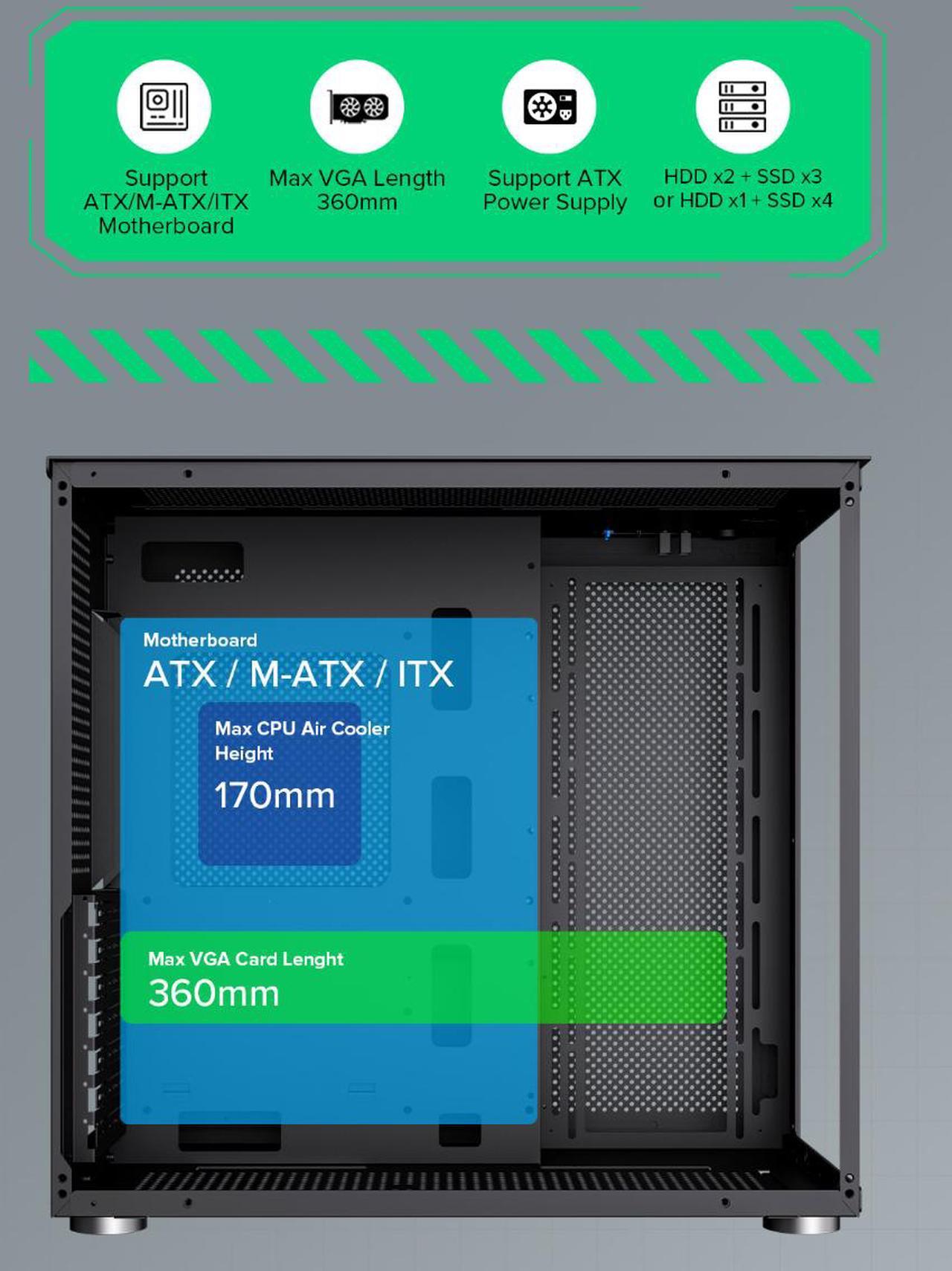 Alt view image 8 of 14 - Gamemax Infinity BK Black USB3.0 /Type C Tempered Glass ATX Mid Tower Gaming Computer Case w/ Dual Tempered Glass Panels (Fans Not Included)