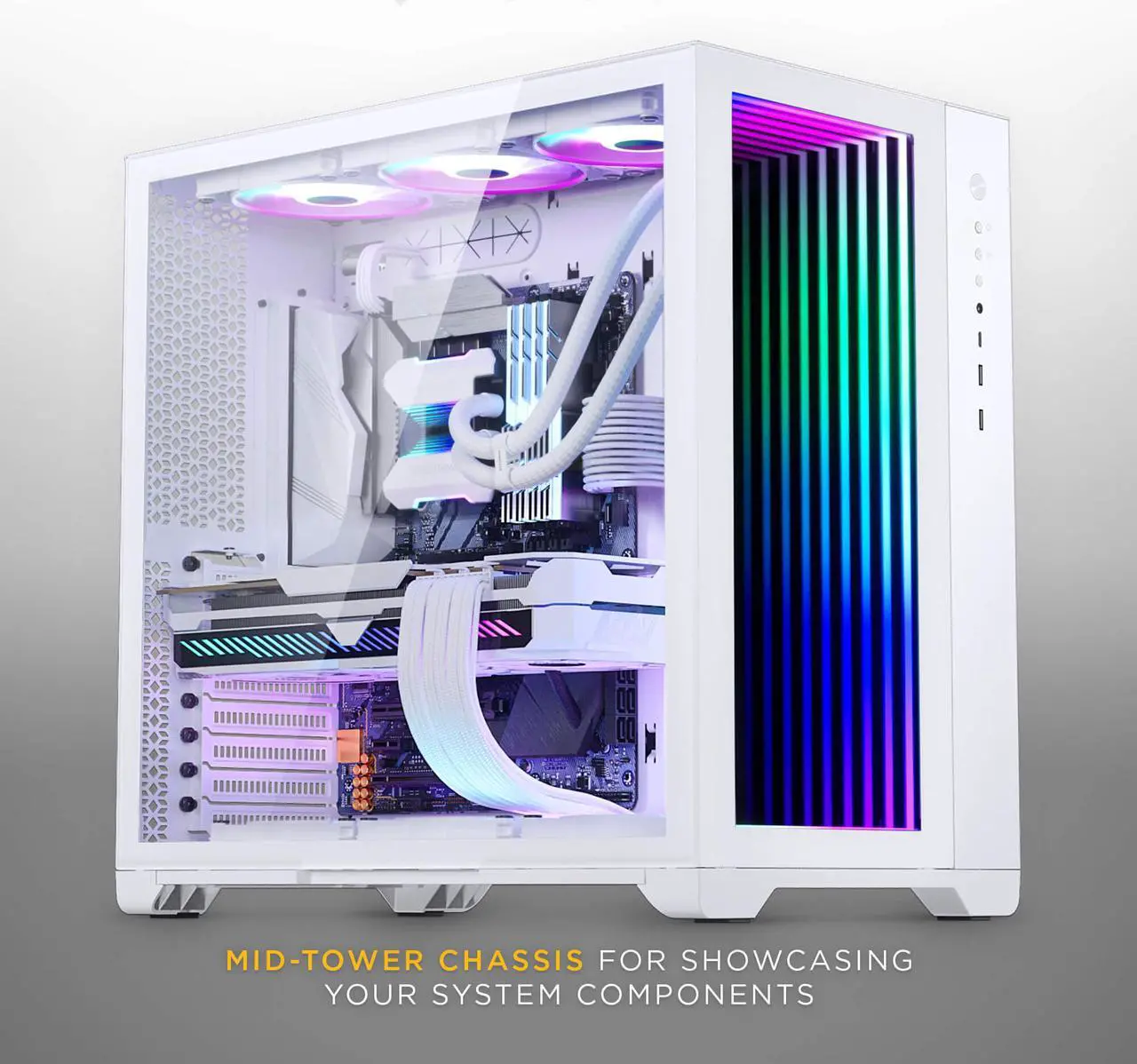 Alt view image 2 of 8 - MagniumGear NEO Qube 2 IM, Dual Chamber ATX Mid-tower, Digital-RGB Infinity Mirror Front Panel, Front I/O USB Type C, Tempered Glass Panels, White