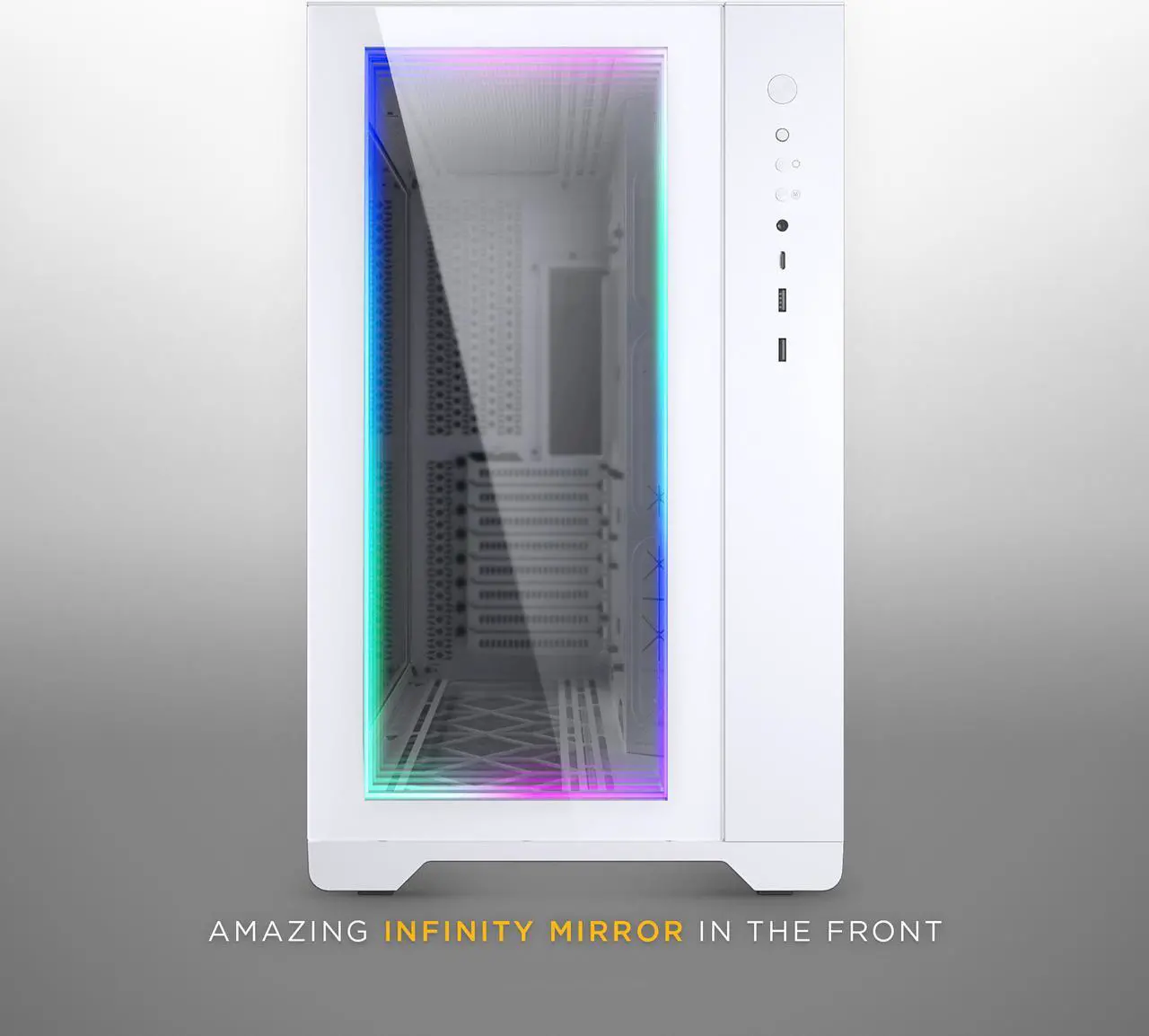 Alt view image 3 of 8 - MagniumGear NEO Qube 2 IM, Dual Chamber ATX Mid-tower, Digital-RGB Infinity Mirror Front Panel, Front I/O USB Type C, Tempered Glass Panels, White