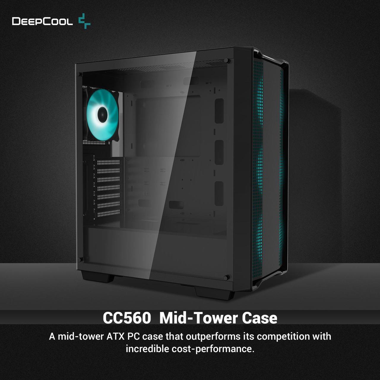 Alt view image 2 of 6 - DeepCool CC560 Mid-Tower ATX PC Case, 4x Pre-Installed 120mm LED Fans, Tempered Glass Side Panel, Black