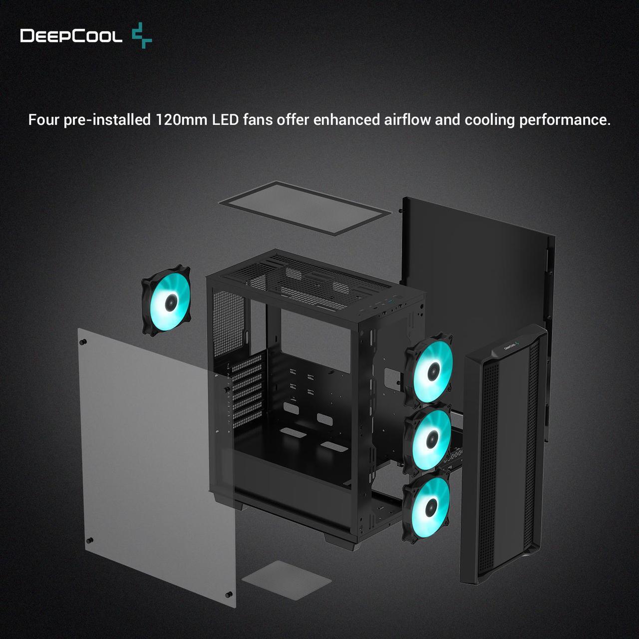 Alt view image 4 of 6 - DeepCool CC560 Mid-Tower ATX PC Case, 4x Pre-Installed 120mm LED Fans, Tempered Glass Side Panel, Black
