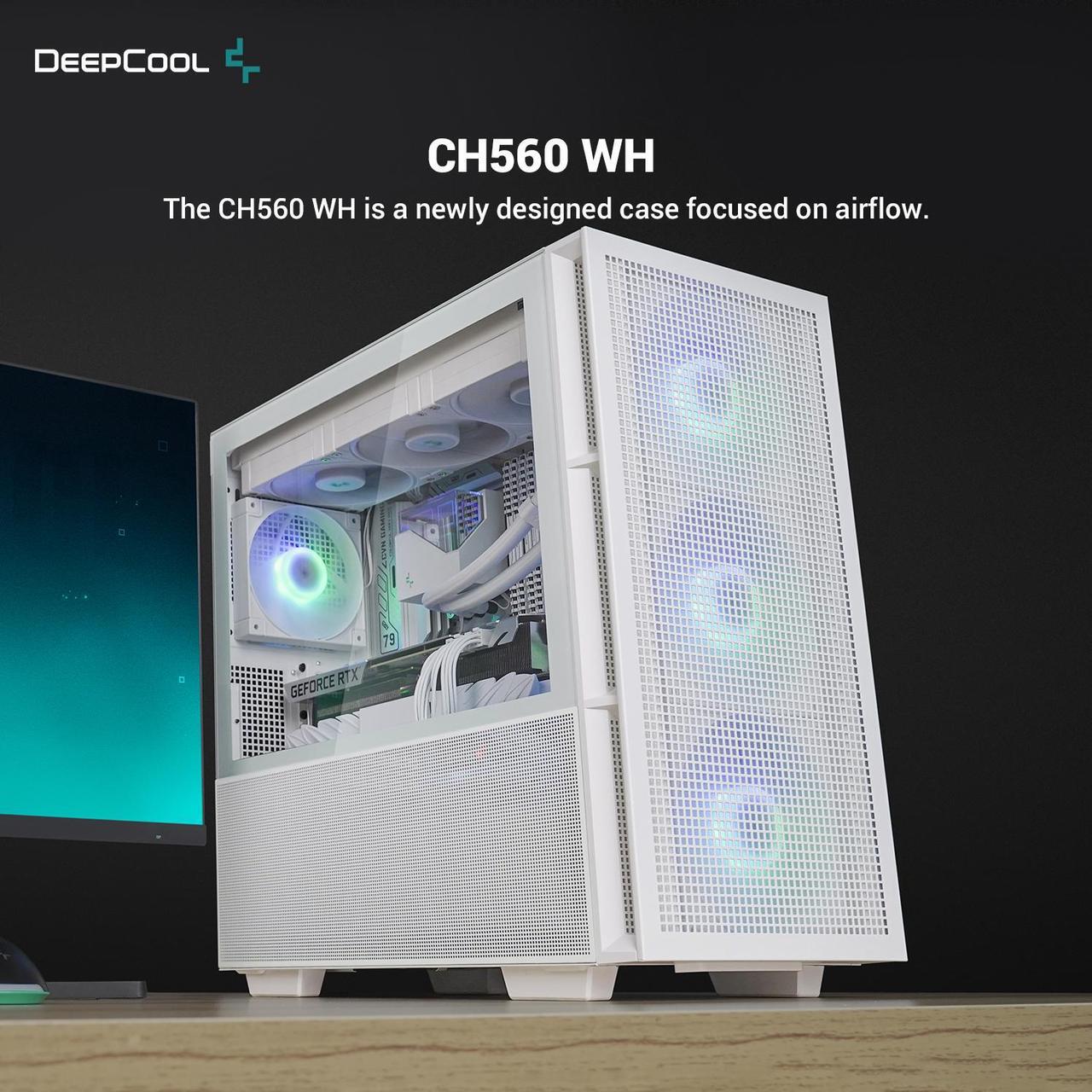 Alt view image 2 of 6 - DeepCool CH560 WH ATX Airflow case, 3x Pre-Installed 140mm ARGB Fans, Hybrid Mesh/Tempered Glass Side Panel, Magnetic Top Mesh Filter, Type-C, USB 3.0, White