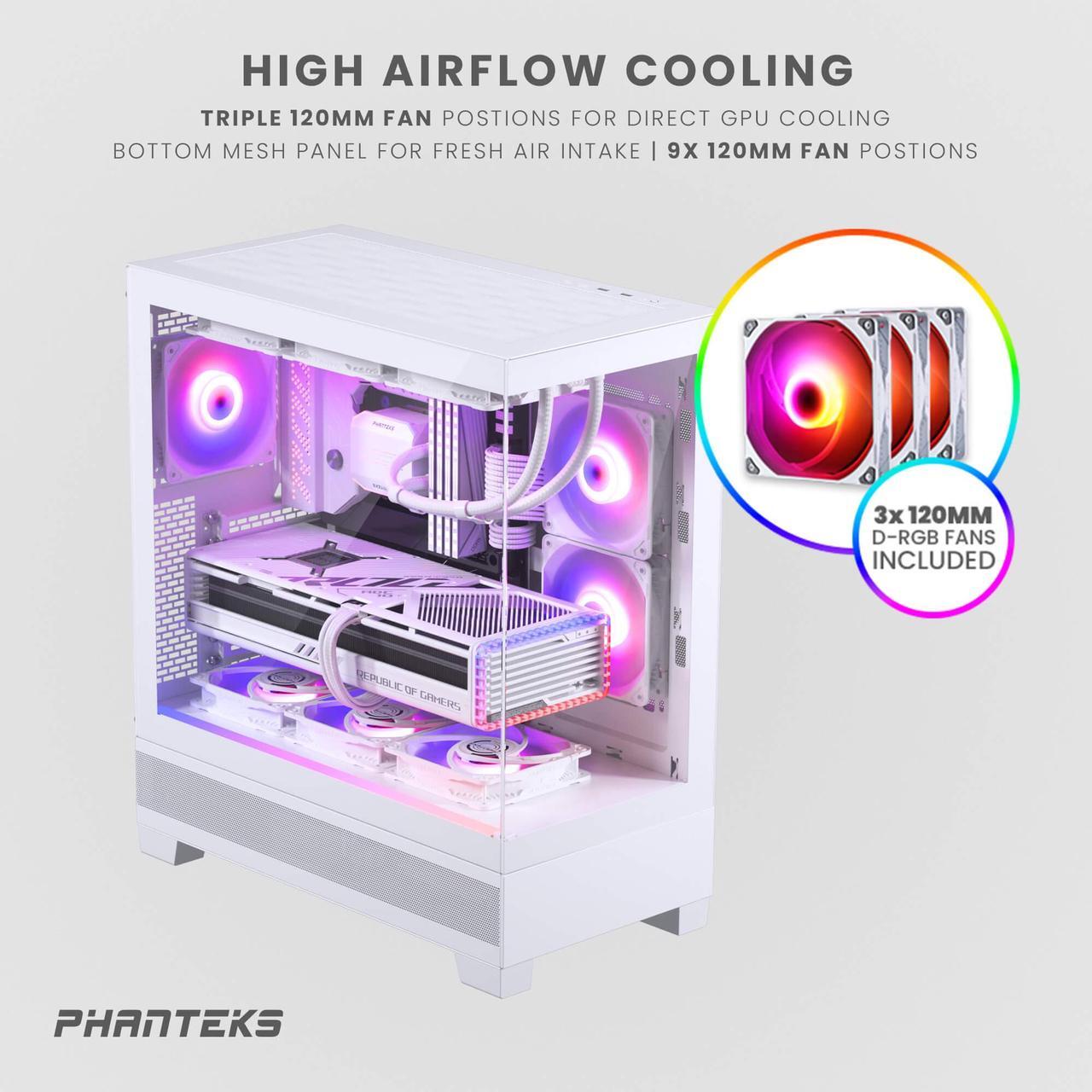 Alt view image 2 of 5 - Phanteks XT View, Mid-Tower Gaming Chassis, Tempered Glass Front and Side Window, USB-C 3.2 Gen2, 3x M25-120 D-RGB fans included, White