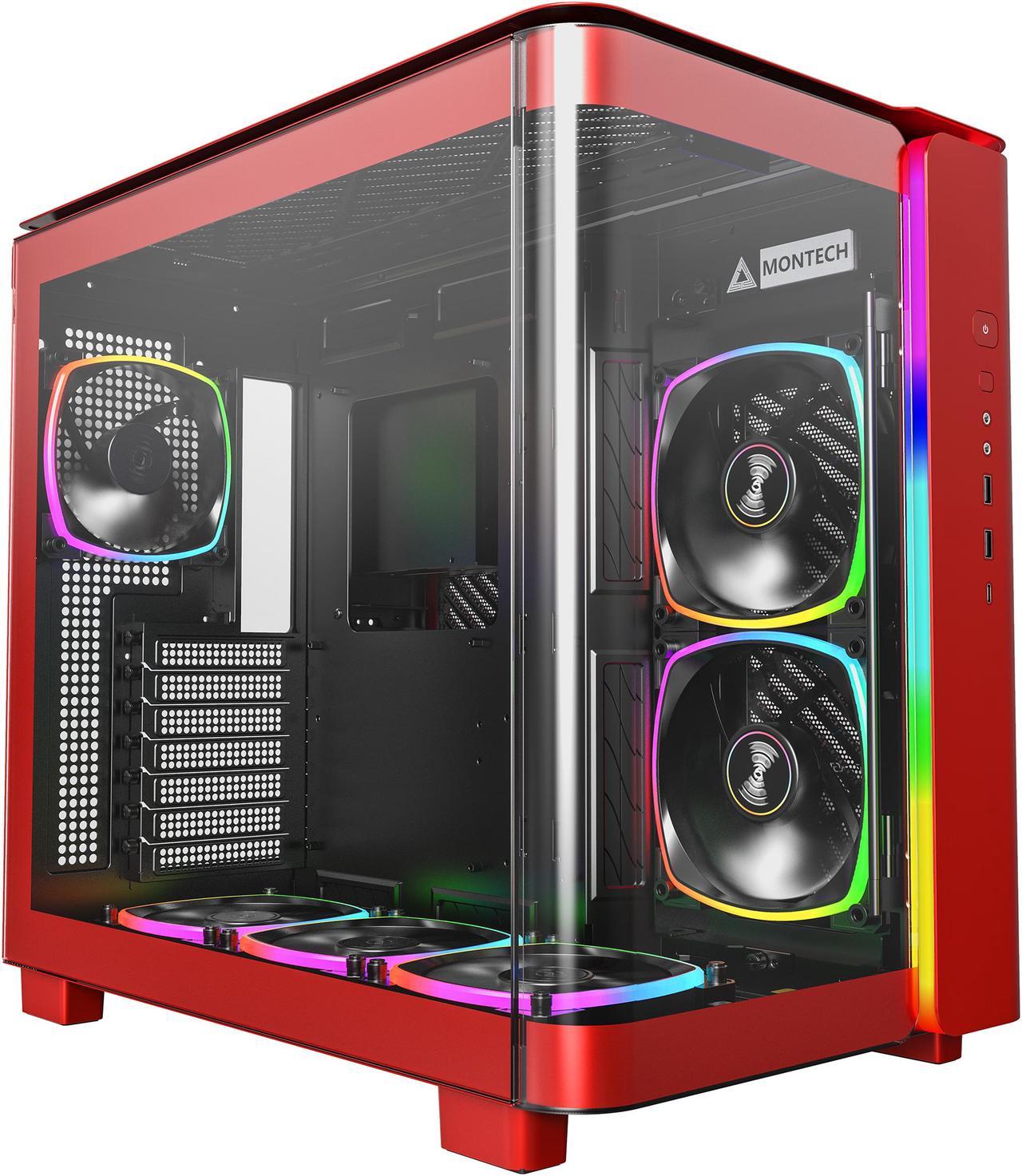 MONTECH, KING 95 PRO Dual-Chamber ATX Mid-Tower PC Gaming Case, High-Airflow, Toolless Panels, Sturdy Curved Tempered Glass Front, Six ARGB PWM Fan Pre-installed with Fan Hub, Red