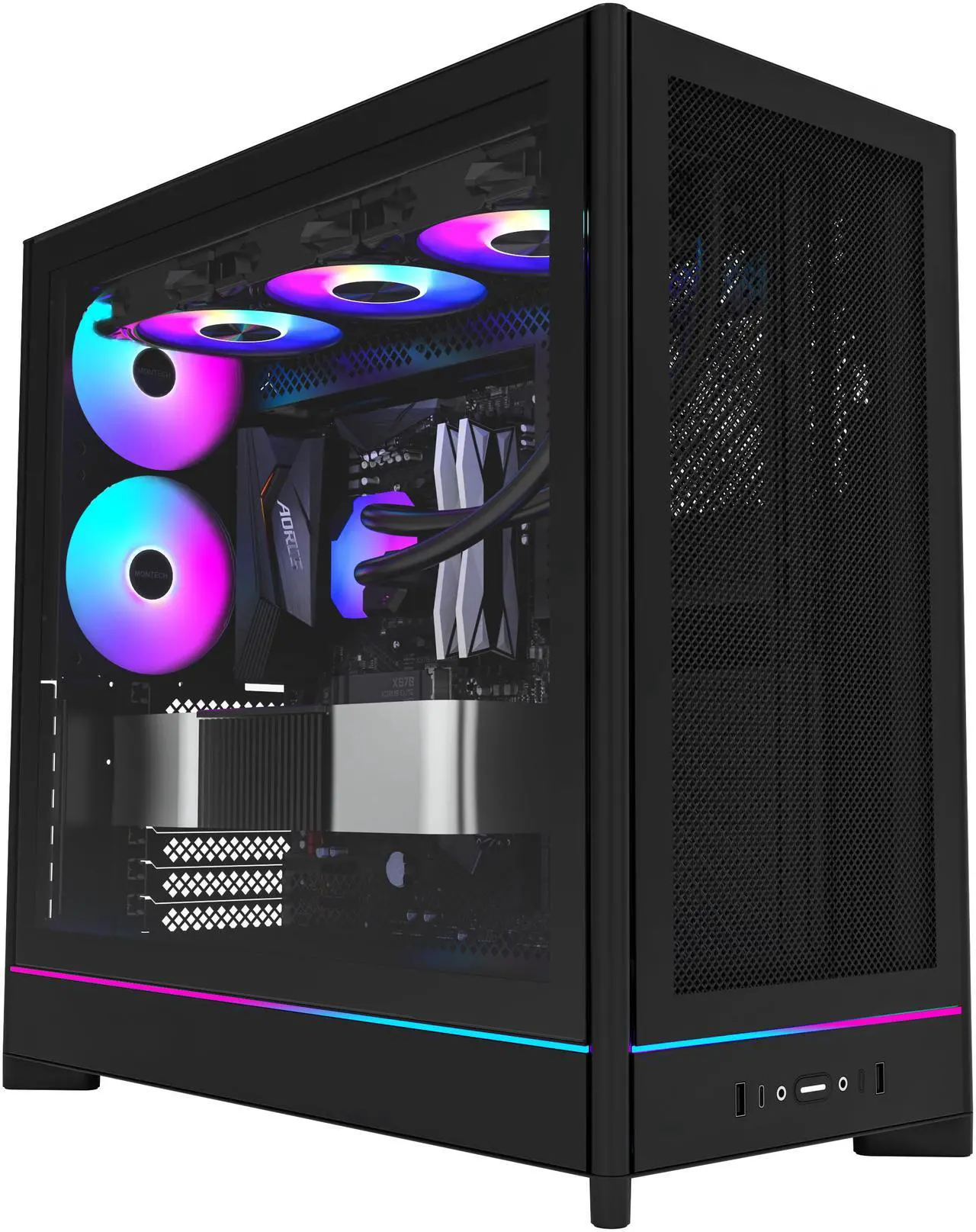 Alt view image 3 of 16 - MONTECH HS01 PRO, ATX Mid-Tower PC Case, Gaming PC, High-Airflow, Reversible Layout, Mesh Front Panel, 5x ARGB PWM Fan Pre-Installed, Sink-in Design, Toolless Panels, Black