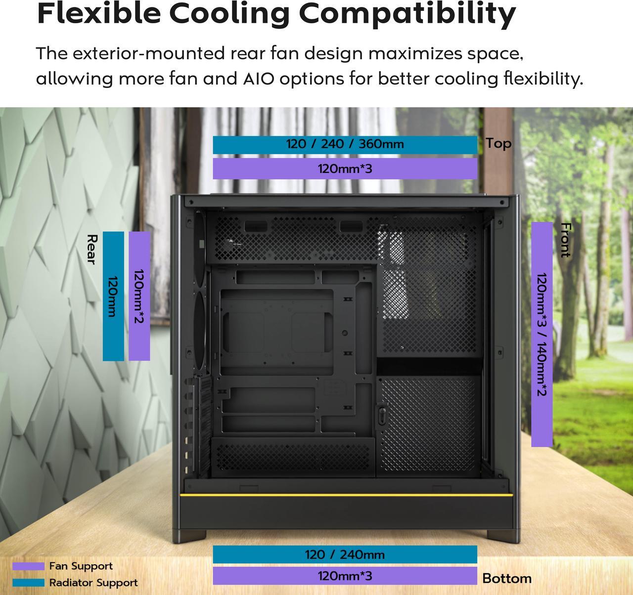 Alt view image 12 of 16 - MONTECH HS01 PRO, ATX Mid-Tower PC Case, Gaming PC, High-Airflow, Reversible Layout, Mesh Front Panel, 5x ARGB PWM Fan Pre-Installed, Sink-in Design, Toolless Panels, Black