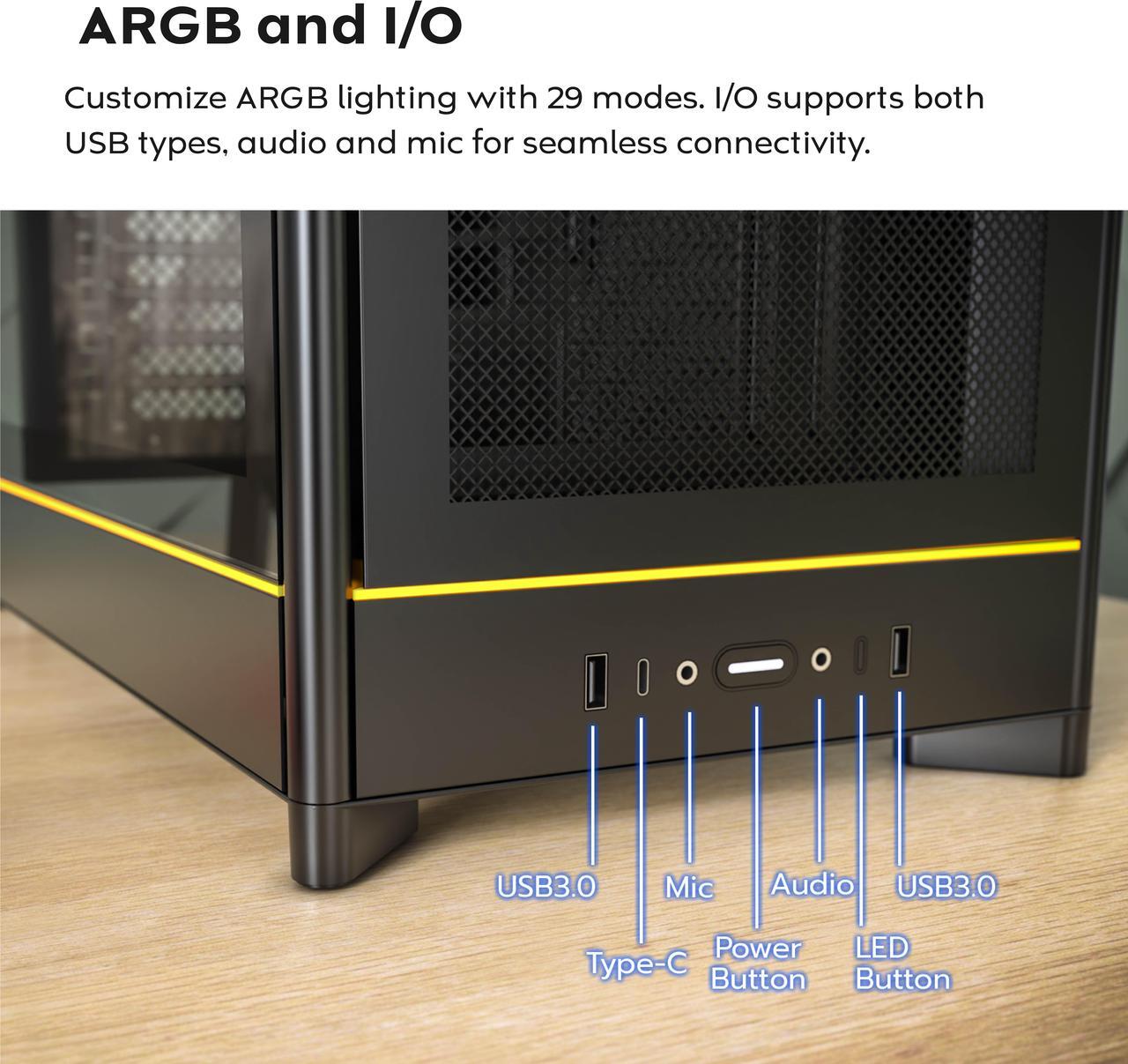 Alt view image 14 of 16 - MONTECH HS01 PRO, ATX Mid-Tower PC Case, Gaming PC, High-Airflow, Reversible Layout, Mesh Front Panel, 5x ARGB PWM Fan Pre-Installed, Sink-in Design, Toolless Panels, Black