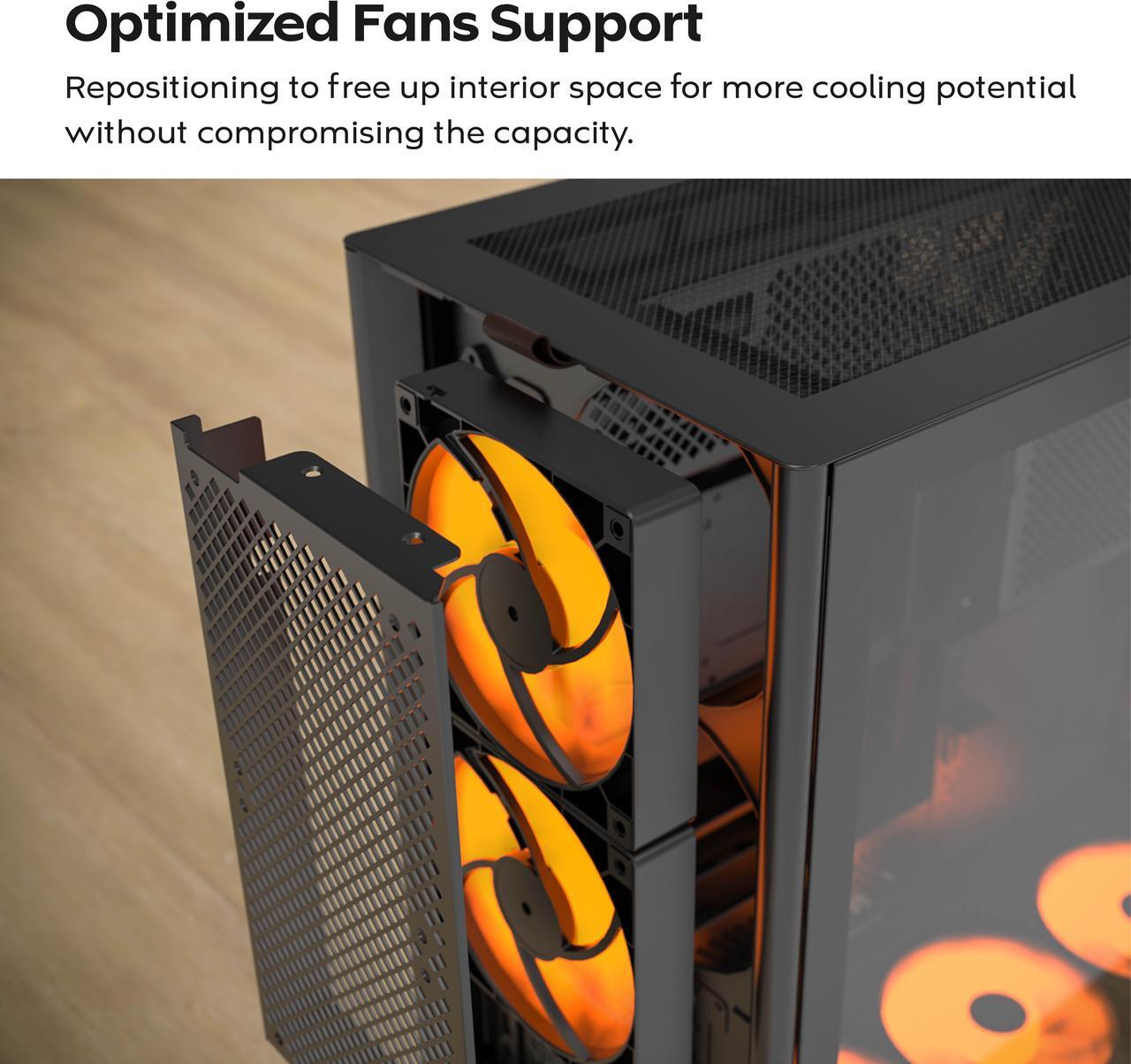Alt view image 5 of 17 - MONTECH HS02 PRO, ATX Mid-Tower PC Case, Gaming PC, High-Airflow, Reversible Layout, Sturdy Curved Tempered Glass Front Panel, 5x ARGB PWM Fan Pre-Installed, Sink-in Design, Toolless Panels, Black, US