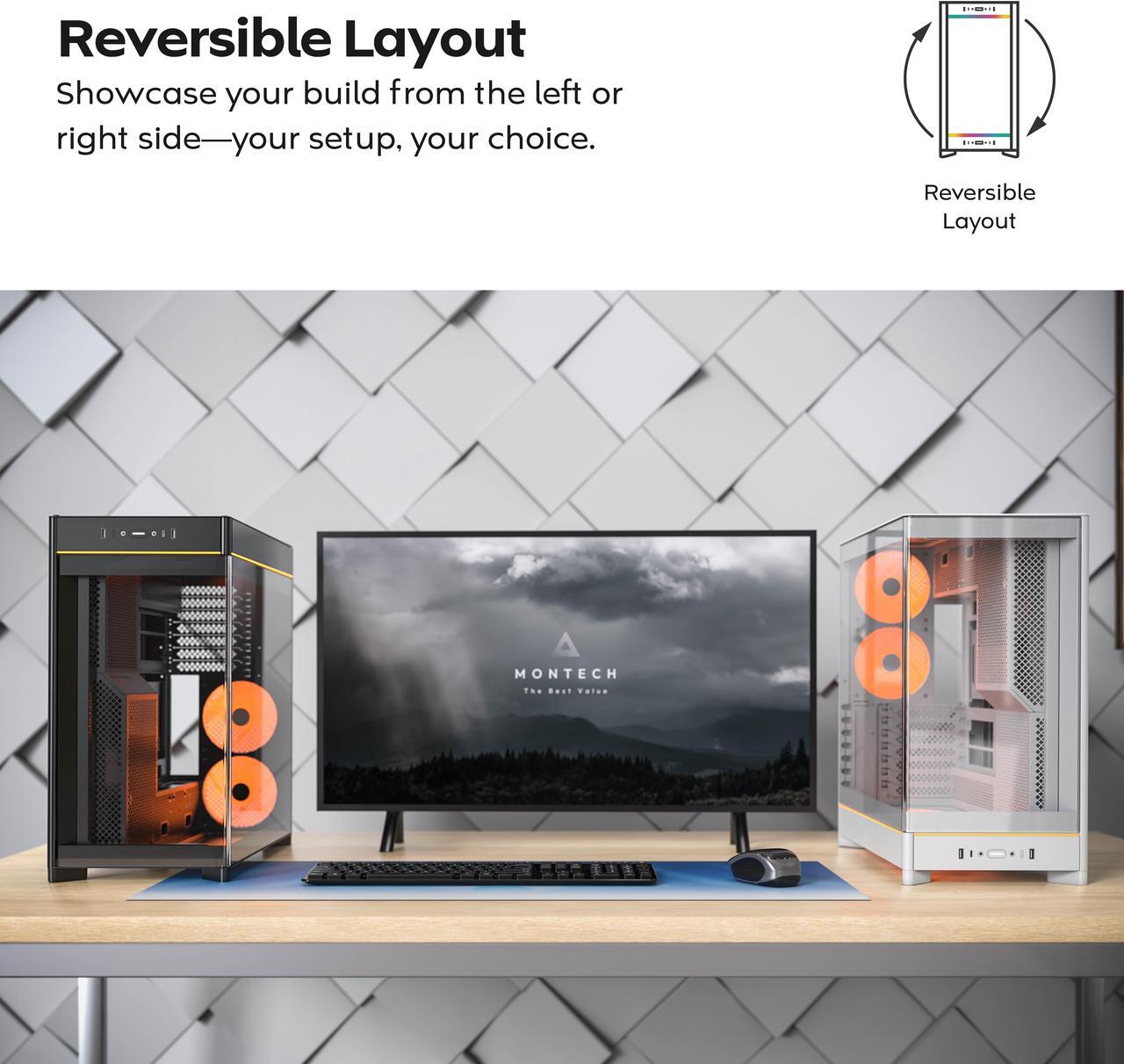 Alt view image 10 of 17 - MONTECH HS02 PRO, ATX Mid-Tower PC Case, Gaming PC, High-Airflow, Reversible Layout, Sturdy Curved Tempered Glass Front Panel, 5x ARGB PWM Fan Pre-Installed, Sink-in Design, Toolless Panels, Black, US