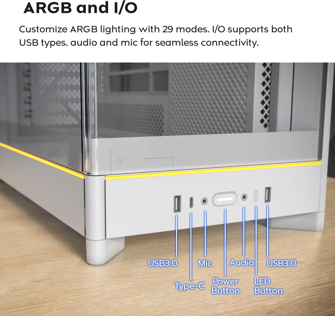Alt view image 15 of 17 - MONTECH HS02 PRO, ATX Mid-Tower PC Case, Gaming PC, High-Airflow, Reversible Layout, Sturdy Curved Tempered Glass Front Panel, 5x ARGB PWM Fan Pre-Installed, Sink-in Design, Toolless Panels, Black, US