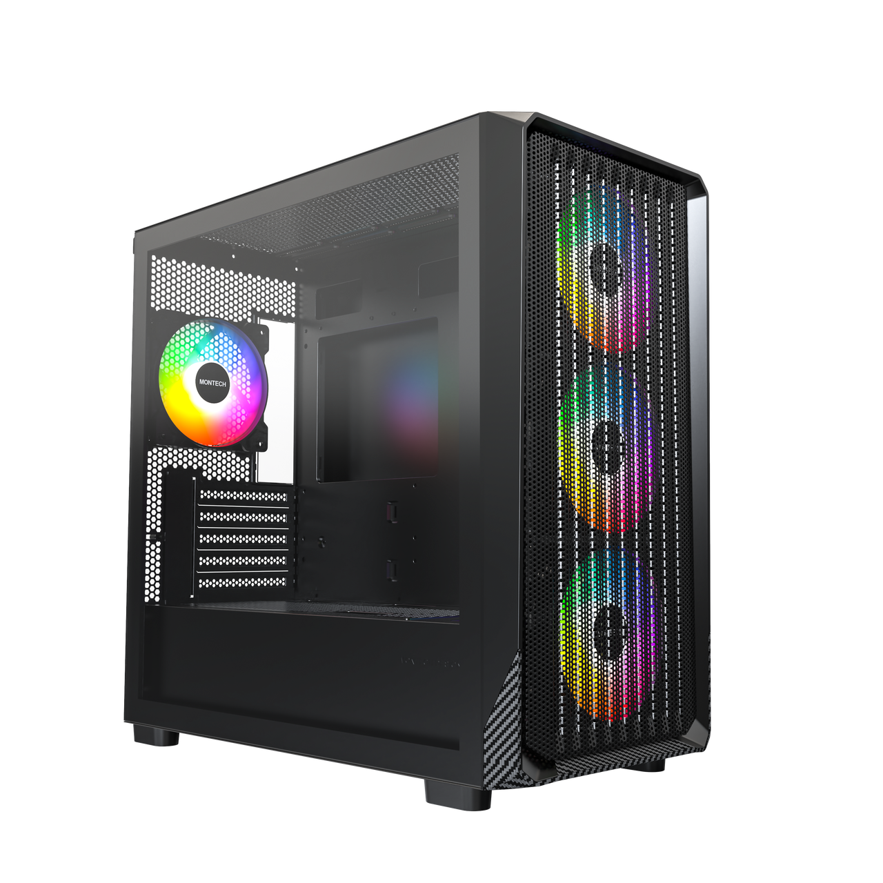 Main image of MONTECH X5M - Micro ATX Gaming PC Case, High Airflow, 4x120mm ARGB Fans Pre-installed, Glass Side Panel, Carbon Fiber Print Accents, Black